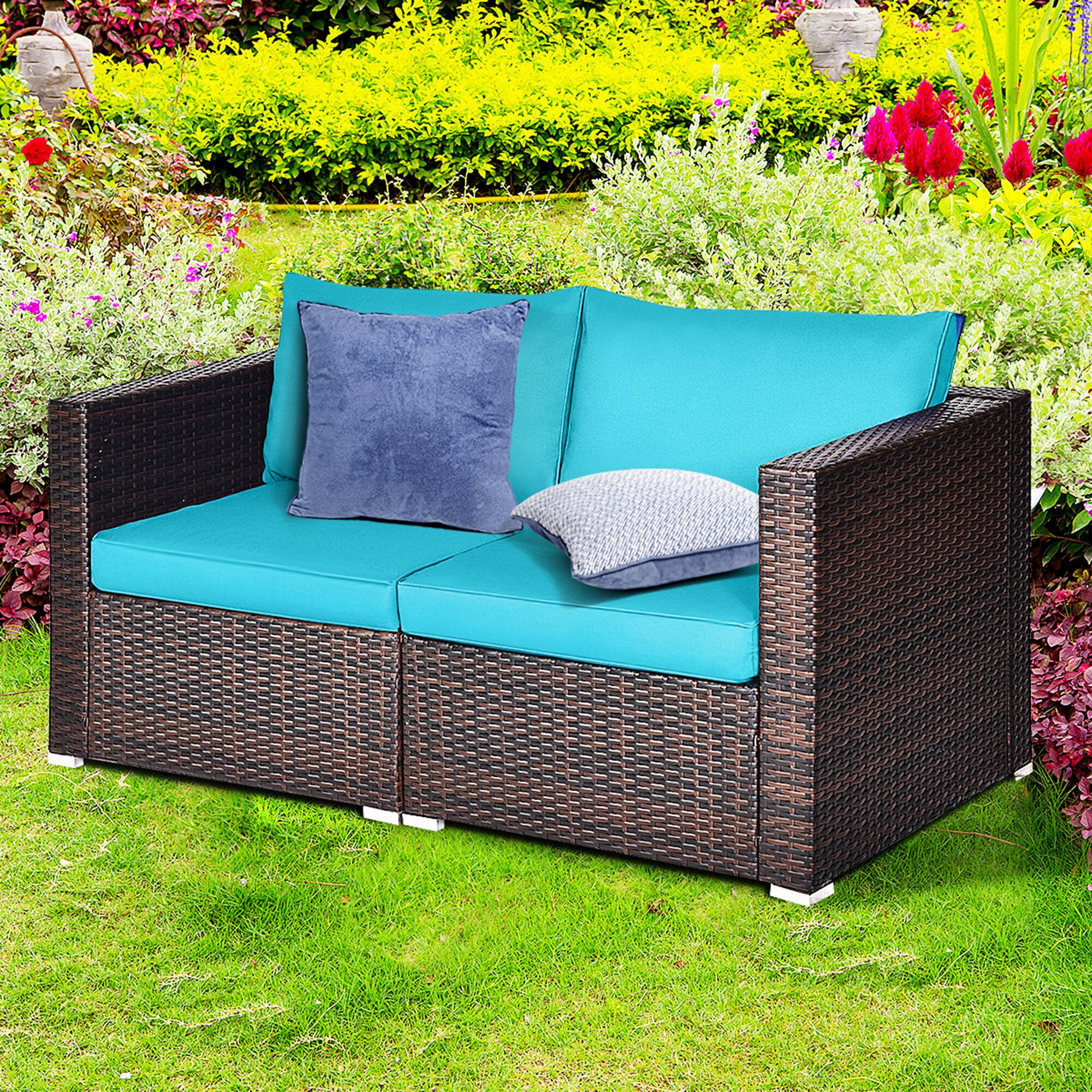 Gymax - 2PCS Rattan Corner Sofa Set Patio Outdoor Furniture Set w/ 4 Cushions - Blue