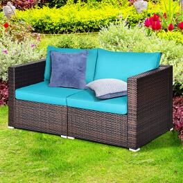 Gymax - 2PCS Rattan Corner Sofa Set Patio Outdoor Furniture Set w/ 4 Cushions - Blue