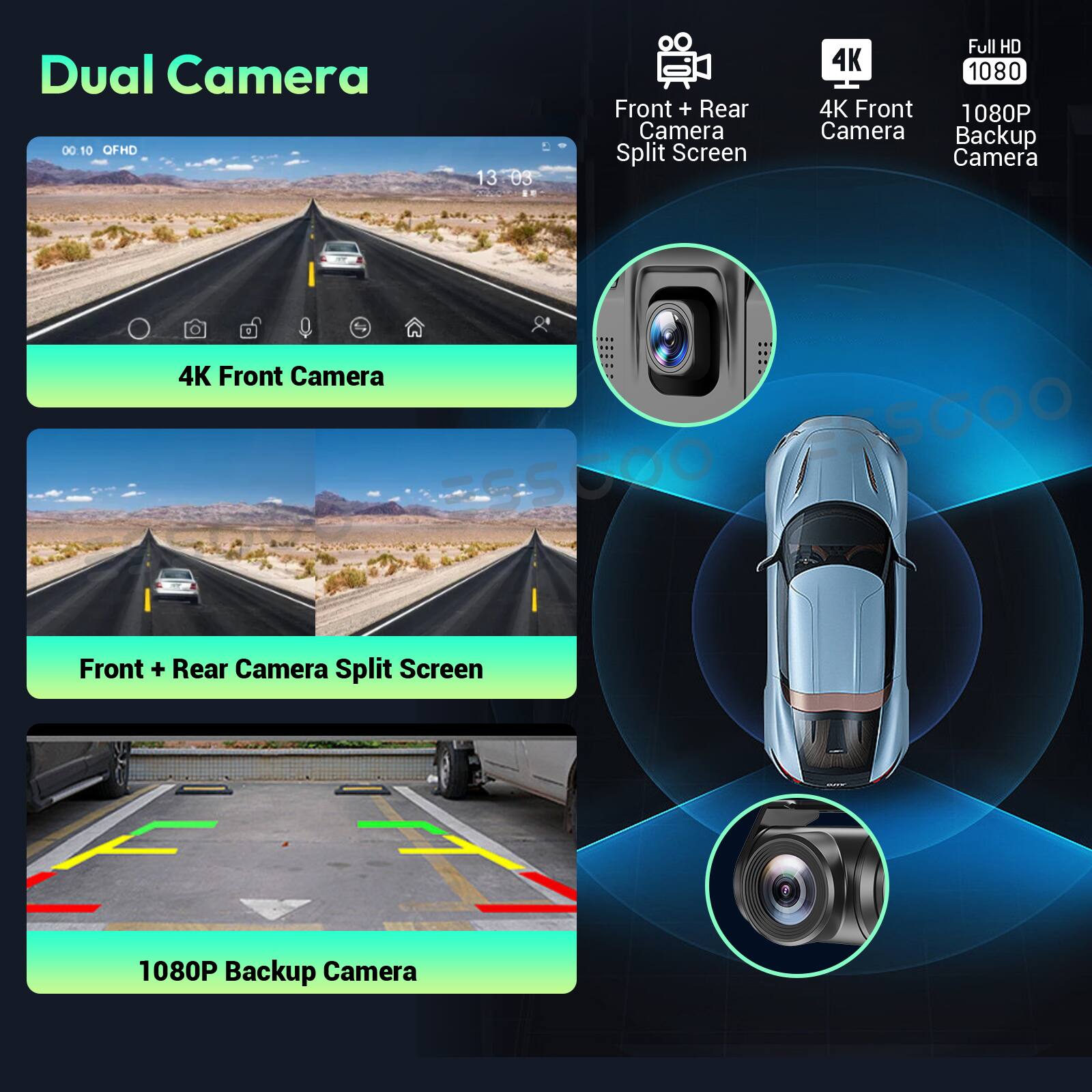 Dual Camera

- 4K Front Camera
- Front + Rear Camera Split Screen
- 1080P Backup Camera

Features:
- Front + Rear Camera Split Screen
- 4K Front Camera
- 1080P Backup Camera

Resolution:
- 4K
- Full HD 1080