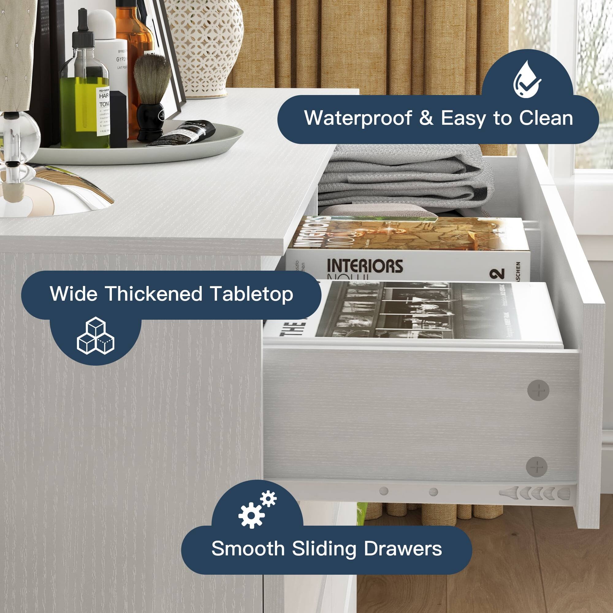 - Waterproof & Easy to Clean
- Wide Thickened Tabletop
- Smooth Sliding Drawers