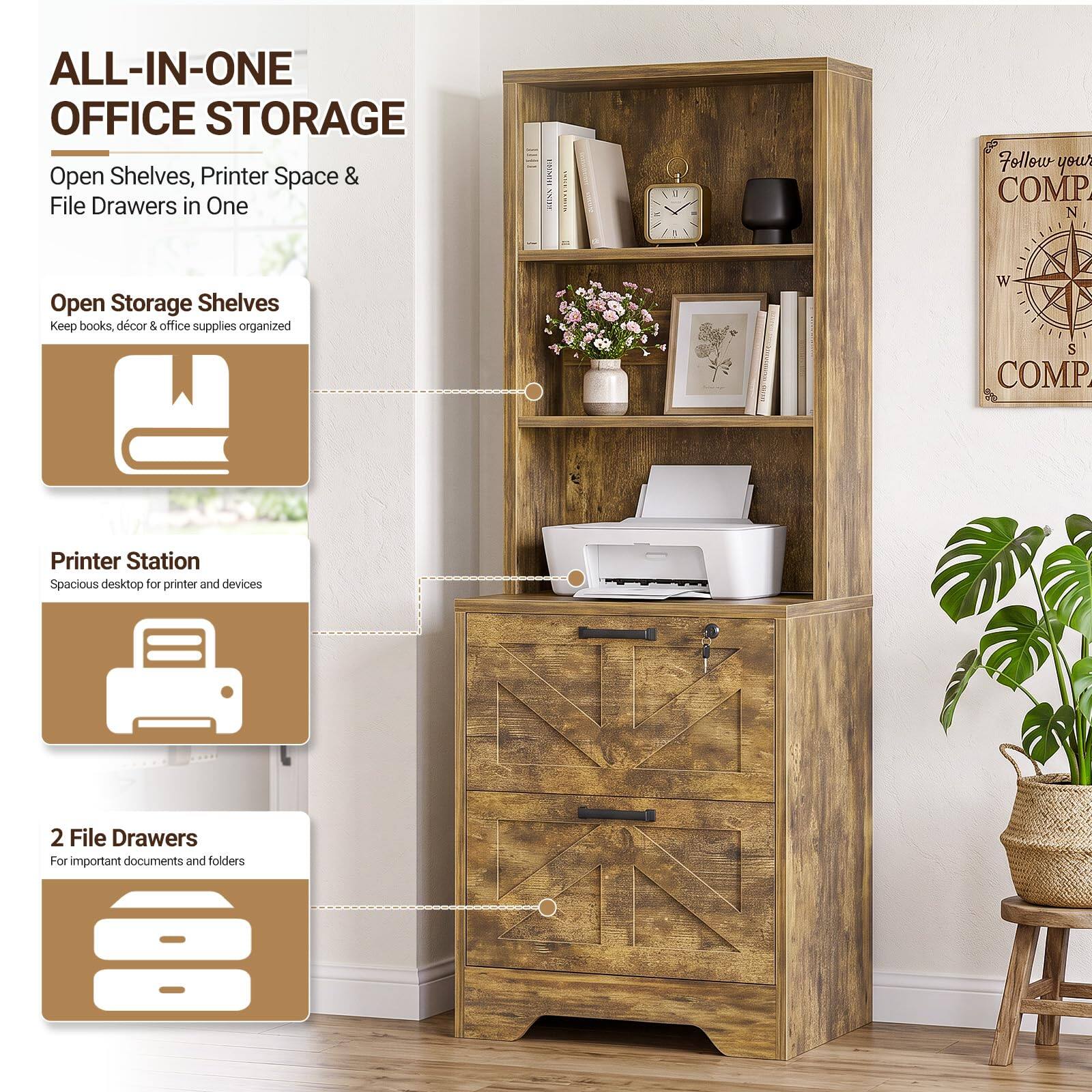 ALL-IN-ONE OFFICE STORAGE  
Open Shelves, Printer Space & File Drawers in One

Open Storage Shelves  
Keep books, decor & office supplies organized

Printer Station  
Spacious desktop for printer and devices

2 File Drawers  
For important documents and folders