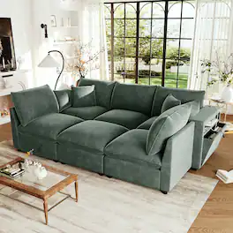 Whisen - Modular Sectional Sofa U-Shaped Couch with Ottoman, Storage Armrests and USB Ports - Green