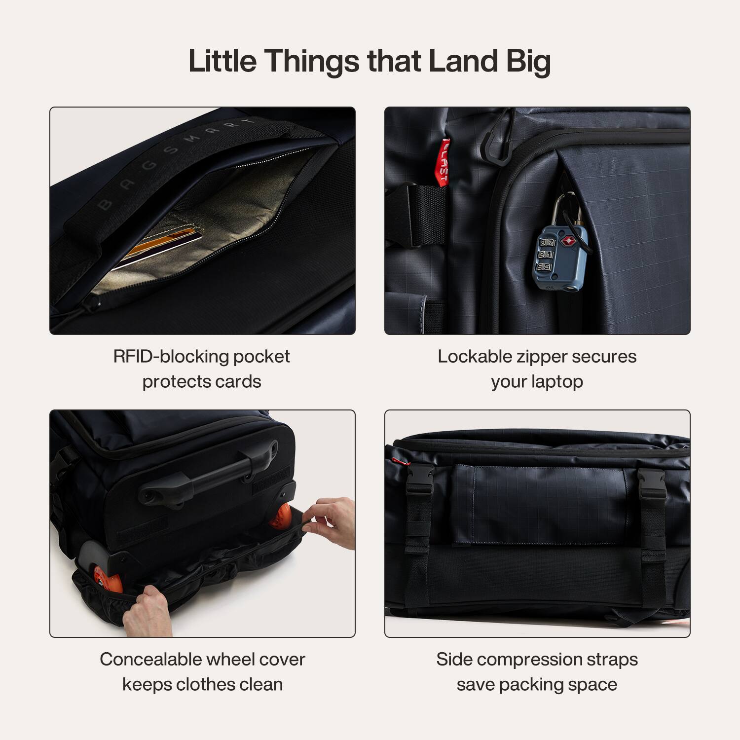 Little Things that Land Big

- RFID-blocking pocket protects cards
- Lockable zipper secures your laptop
- Concealable wheel cover keeps clothes clean
- Side compression straps save packing space