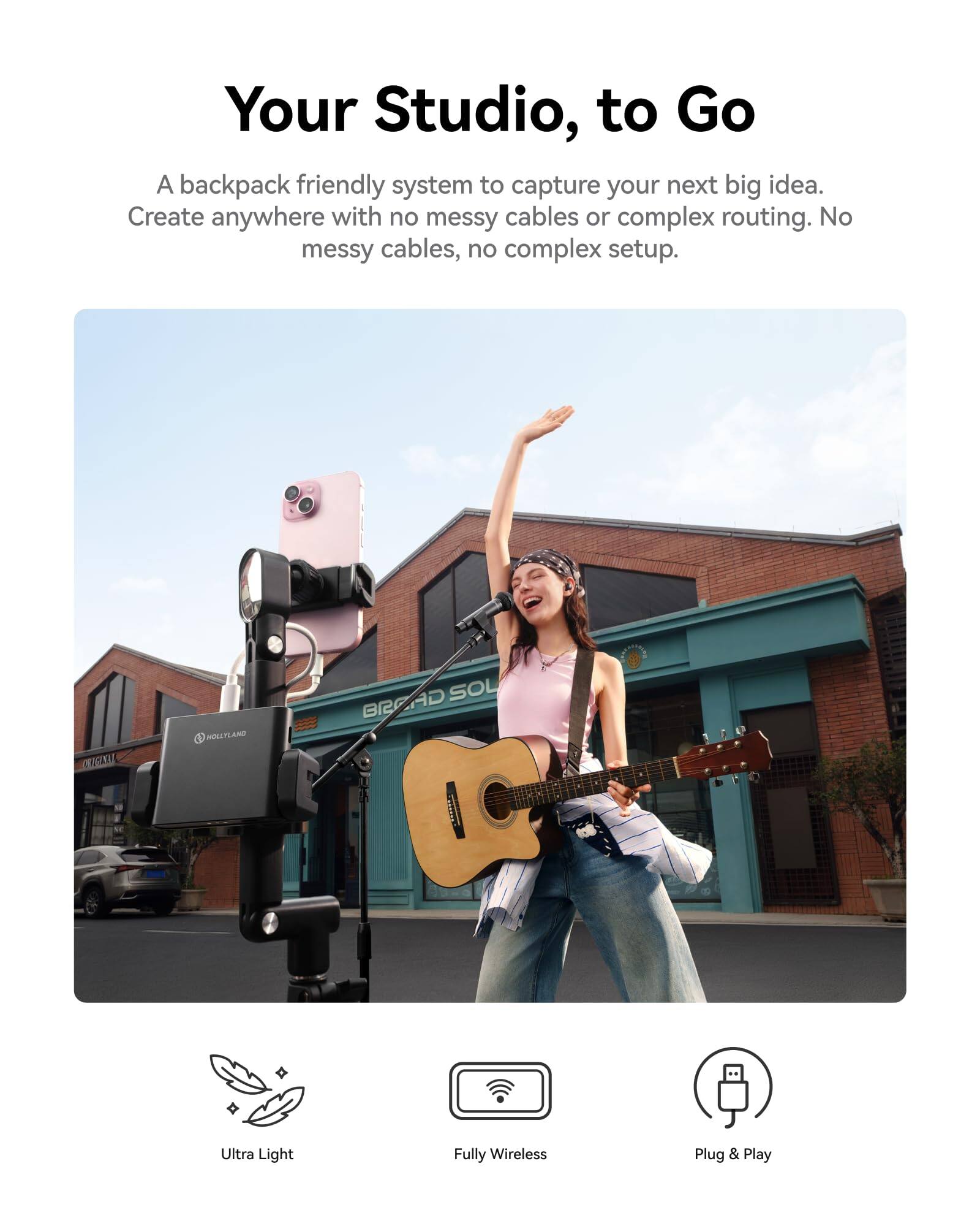 Your Studio, to Go

A backpack friendly system to capture your next big idea. Create anywhere with no messy cables or complex routing. No messy cables, no complex setup.

RSA HOLLFLAND AD SOL GARSE BR C Ultra Light Fully Wireless Plug & Play