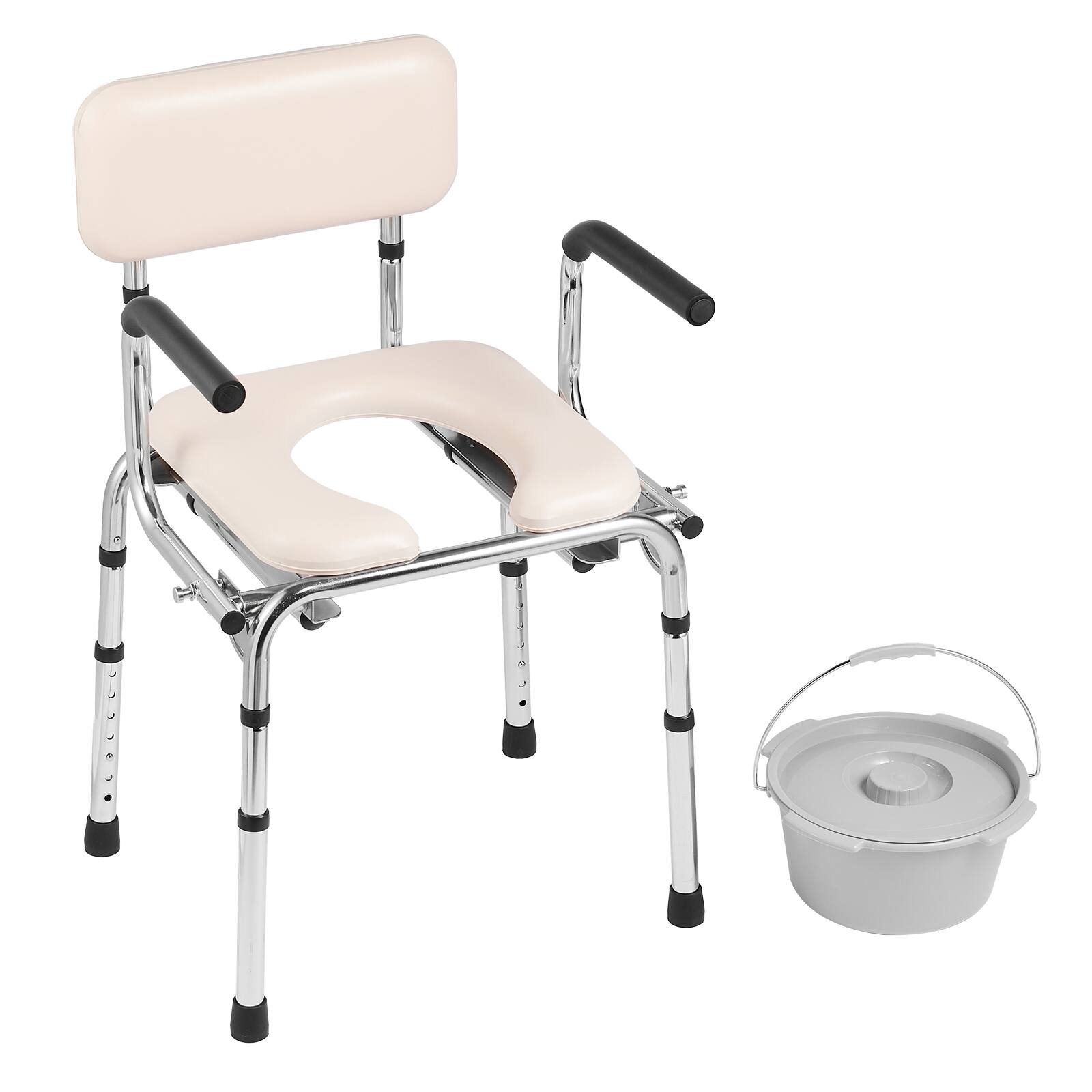 Alt View 5. VEVOR - Commode Chair, Bedside Commode with Padded Seat, Drop-Down Arms, 7-Level Adjustable Height, 5.8L Removable Bucket - Silver.
