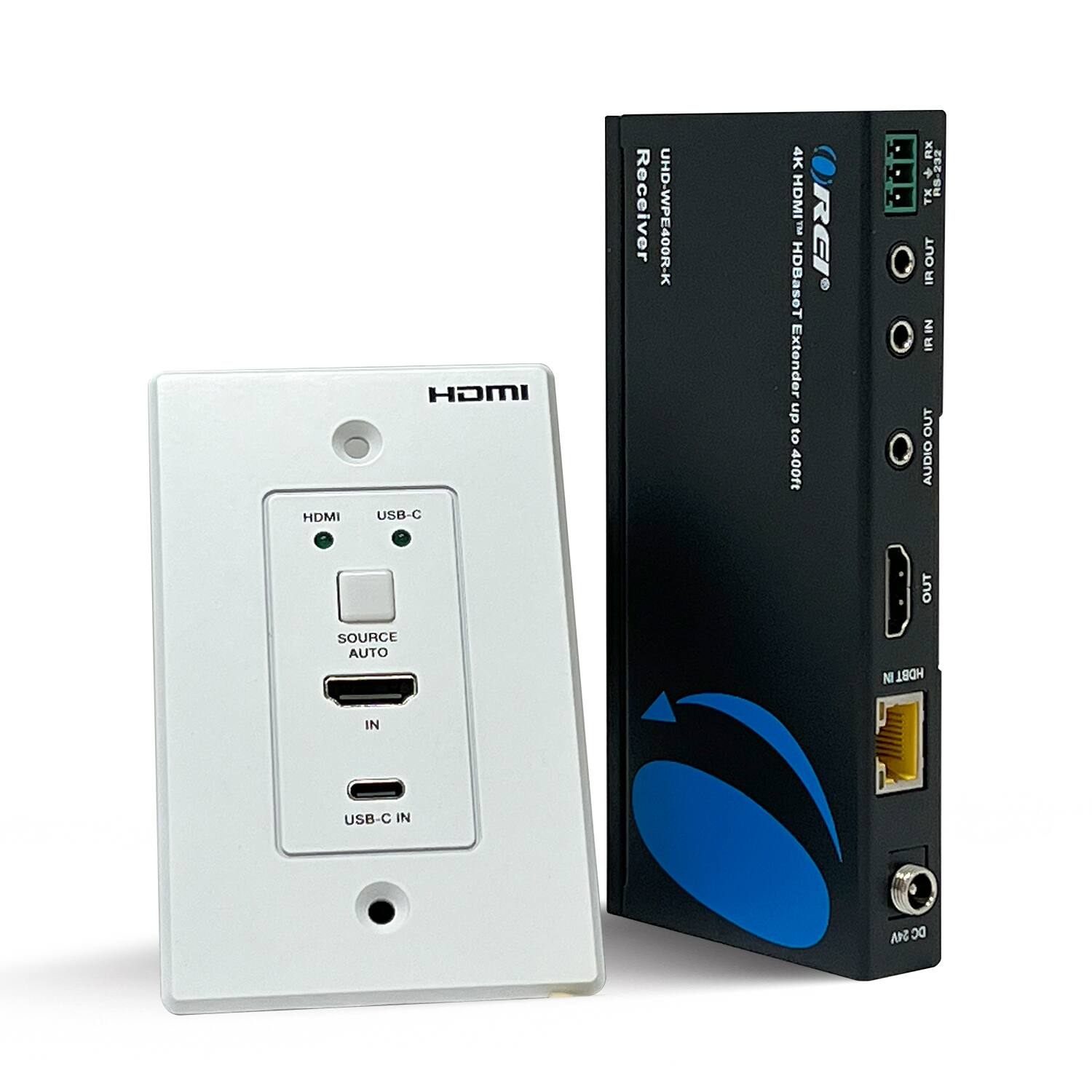 HDMI USB-C Receiver UHD-WPE400R-K  
4K HDMI HDBaseT Extender up to 400ft  
SOURCE AUTO  
IN  
USB-C IN  

HDMI  
USB-C  

HDMI  
USB-C  
HDBaseT  
AUDIO OUT  
DC IN