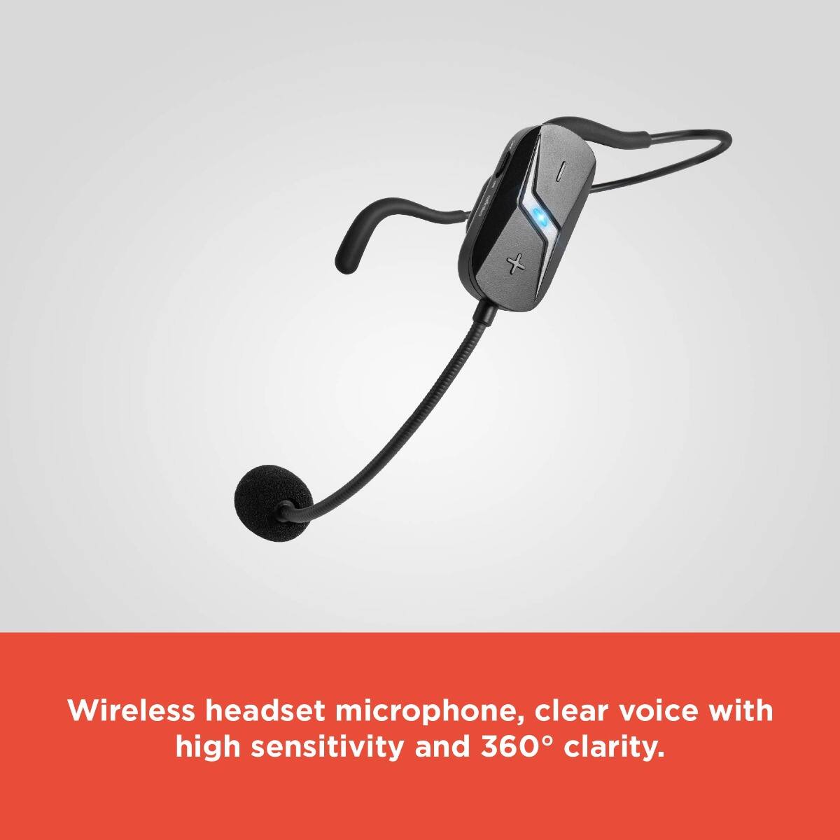 Wireless headset microphone, clear voice with high sensitivity and 360° clarity.