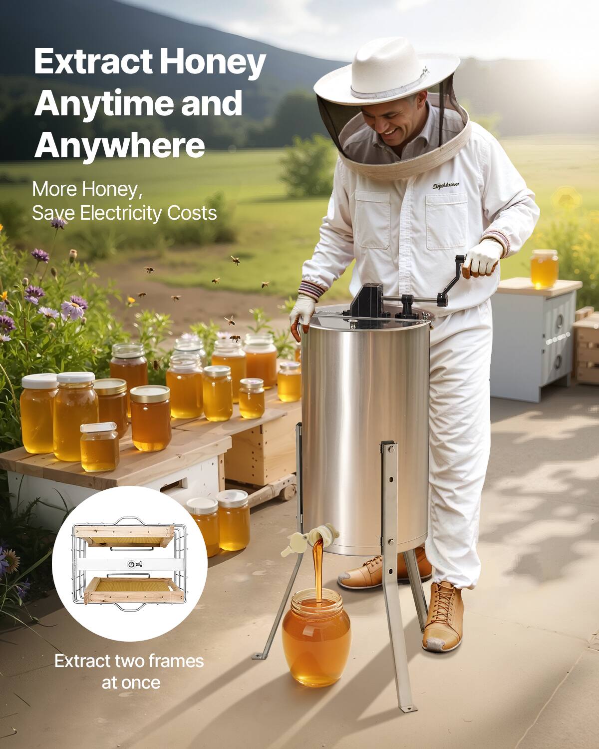 Extract Honey Anytime and Anywhere  
More Honey, Save Electricity Costs  

Extract two frames at once