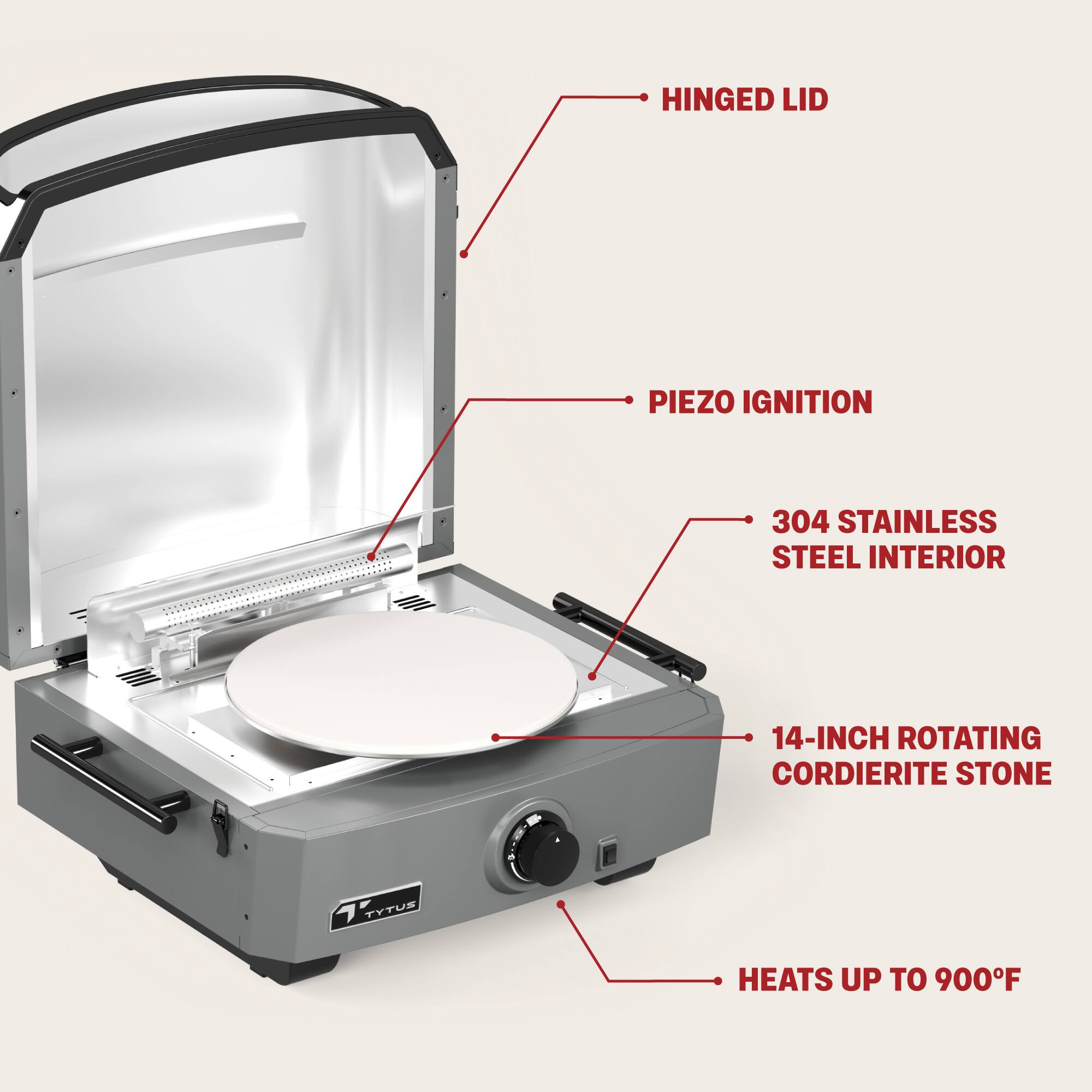 Hinged Lid Piezo Ignition 304 Stainless Steel Interior 14-Inch Rotating Cordierite Stone Heats Up to 900F