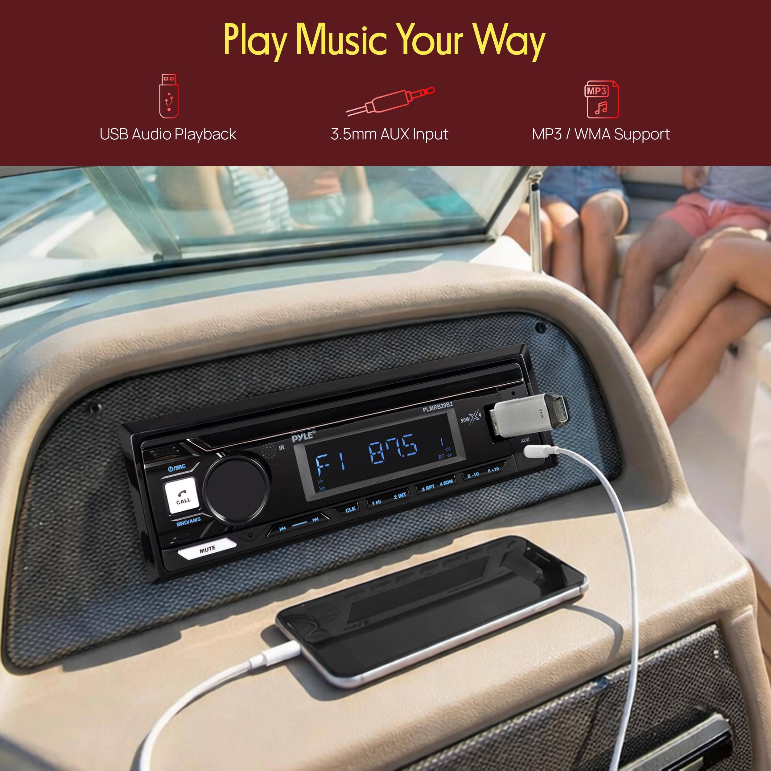 Play Music Your Way  
MP3 USB Audio Playback  
3.5mm AUX Input  
MP3 / WMA Support  

SAA - A  
PLMAB2SE2  
SoW PYLE  
895 ar F1 1  

CLA - - - MNE