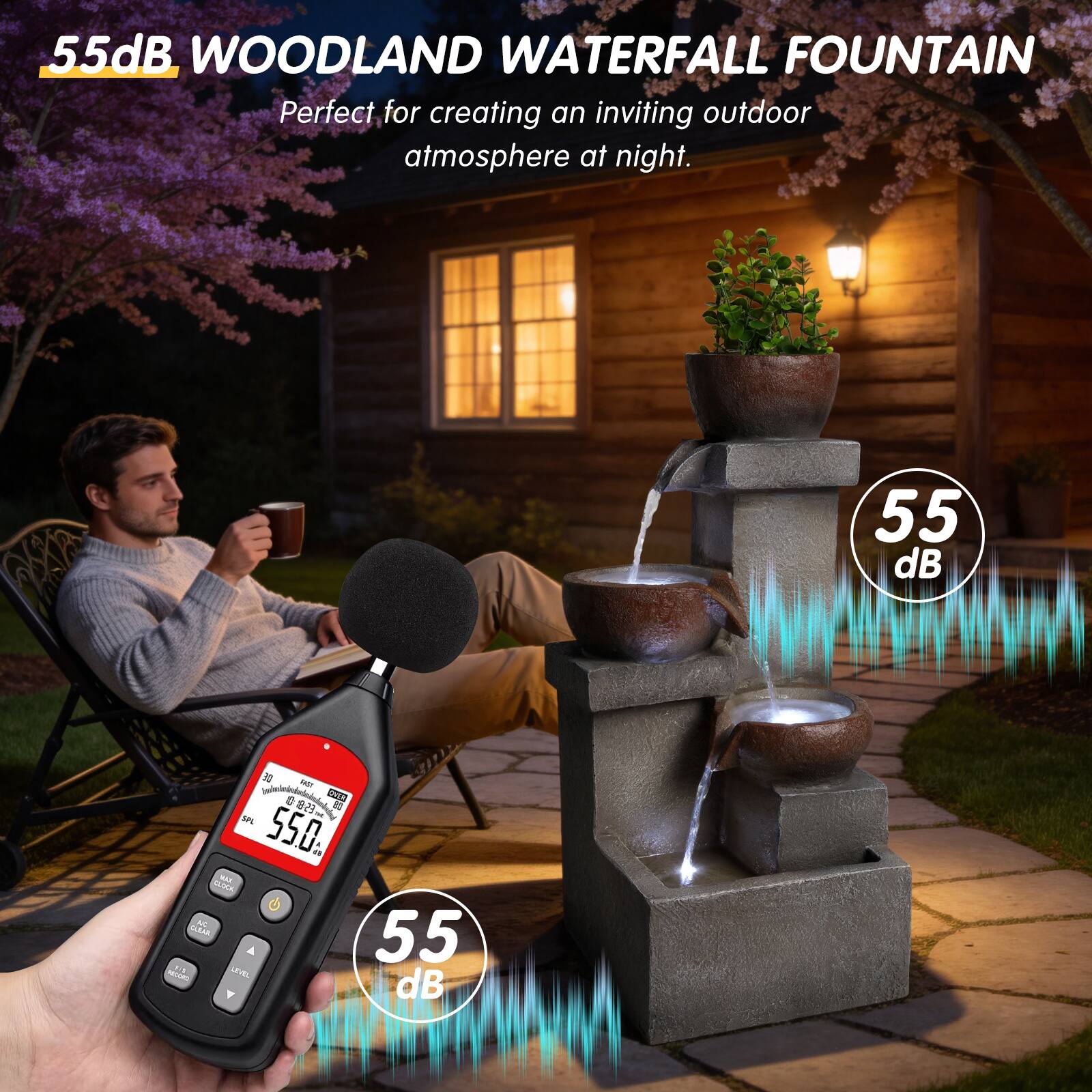 55dB WOODLAND WATERFALL FOUNTAIN  
Perfect for creating an inviting outdoor atmosphere at night.