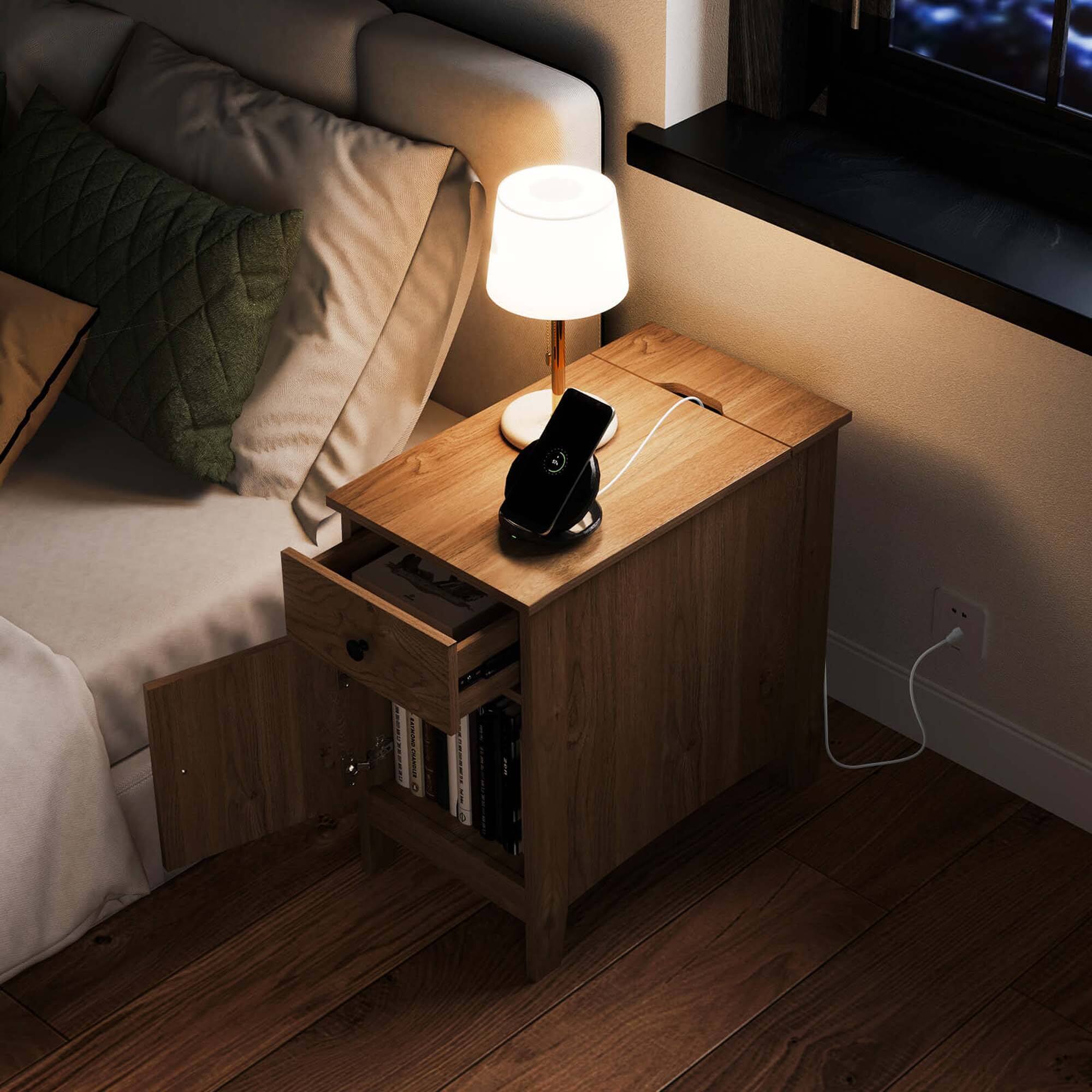 Alt View 2. Costway - 2 PCS End Table with Charging Station Flip Top Bedside Table with USB Ports & Outlets - Natural.