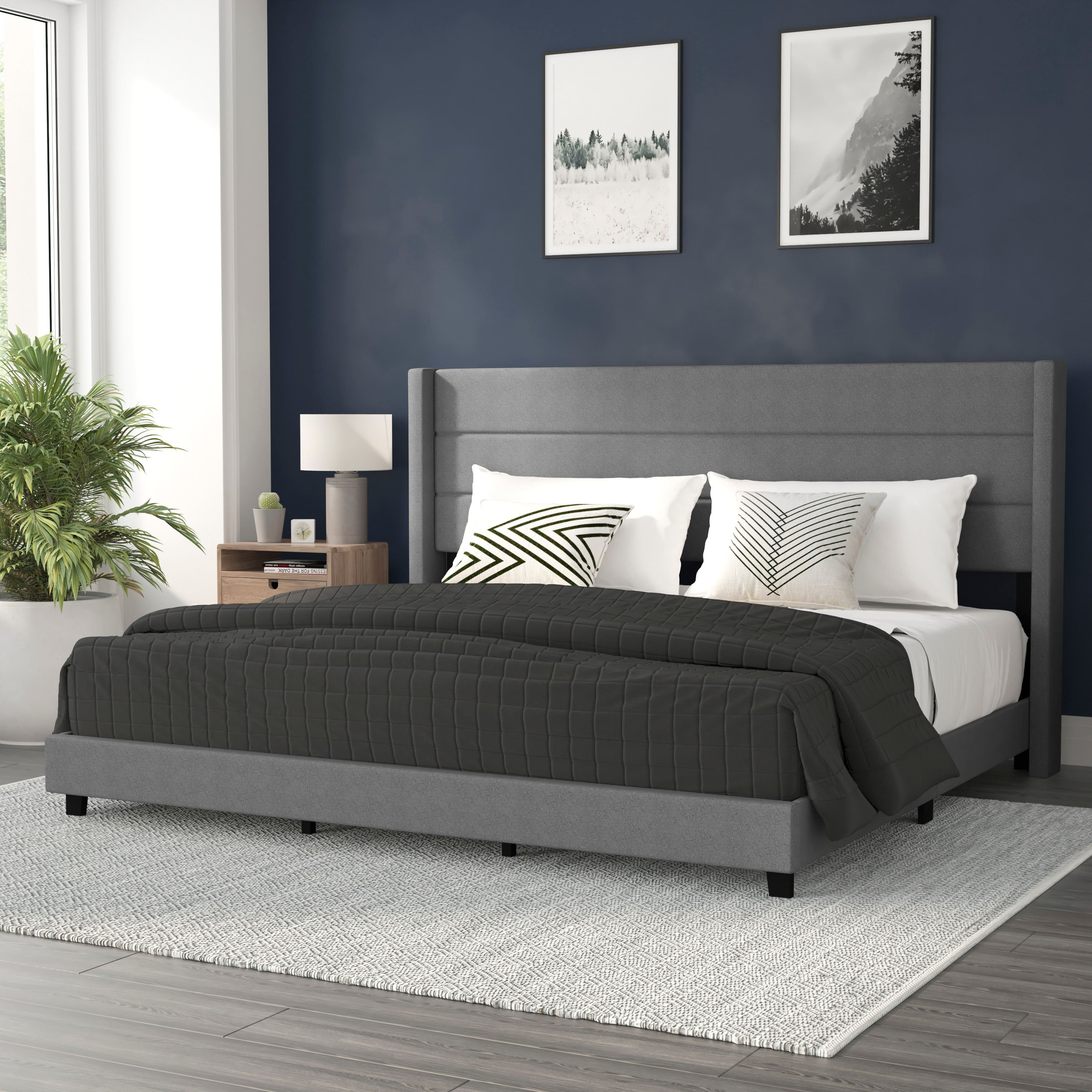 Front. Alamont Home - Hollis King Size Upholstered Platform Bed with Wingback Headboard - Gray.