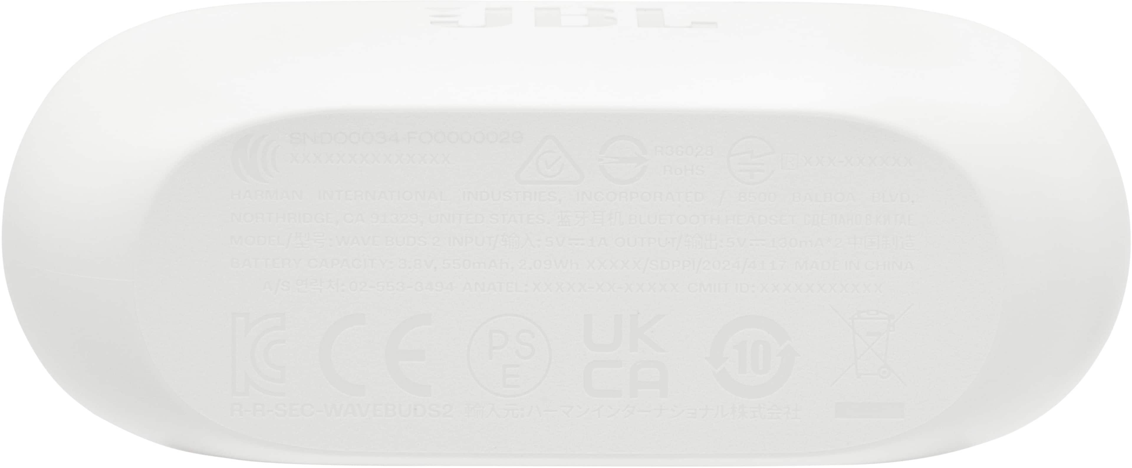 Sure, here is the corrected and grouped text from the image:
---
**SNDO0034 FOO00029 XXXXXXXXXXXXXX R36028 ROHS REXXX-XXXXXX**
**HARMAN INTERNATIONAL INDUSTRIES, INCORPORATED**
8500 BALBOA BLVD.
NORTHRIDGE CA 91329, UNITED STATES
**HEADSET**
MODEL/WAVE BUDS 2
LA
130mA
BATTERY CAPACITY 3.8V 550mAh, 2.09Wh
**MADE IN CHINA**
A/S 02-553-3494
ANATEL: XX XXX-XX-XXXXX
CMILT ID: XXXXXXXXXXx
**PS UK CA 10**
R-R-SEC-WAVEBUDS2
---
**Additional Symbols and Text:**
- **ROHS**
- **CE**
- **PS E**
- **UK**
- **CA**
- **10**
- **IC**
- **CE**
- **PS E**
- **UK**