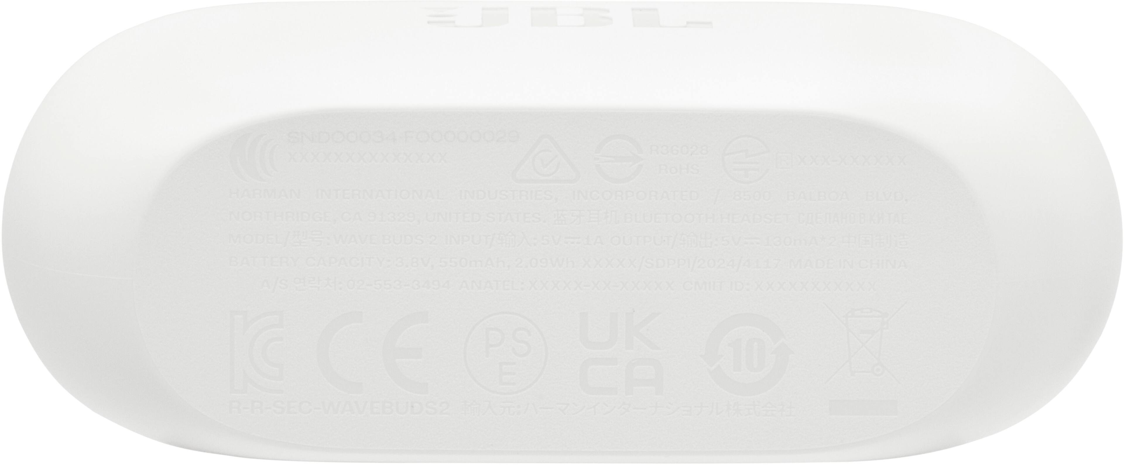 Sure, here is the corrected and grouped text from the image:

---

**SNDO0034 FOO00029 XXXXXXXXXXXXXX R36028 ROHS REXXX-XXXXXX**

**HARMAN INTERNATIONAL INDUSTRIES, INCORPORATED**  
8500 BALBOA BLVD.  
NORTHRIDGE CA 91329, UNITED STATES

**HEADSET**  
MODEL/WAVE BUDS 2  
LA  
130mA  
BATTERY CAPACITY 3.8V 550mAh, 2.09Wh

**MADE IN CHINA**  
A/S 02-553-3494  
ANATEL: XX XXX-XX-XXXXX  
CMILT ID: XXXXXXXXXXx

**PS UK CA 10**  
R-R-SEC-WAVEBUDS2

---

**Additional Symbols and Text:**

- **ROHS**  
- **CE**  
- **PS E**  
- **UK**  
- **CA**  
- **10**  
- **IC**  
- **CE**  
- **PS E**  
- **UK**  
