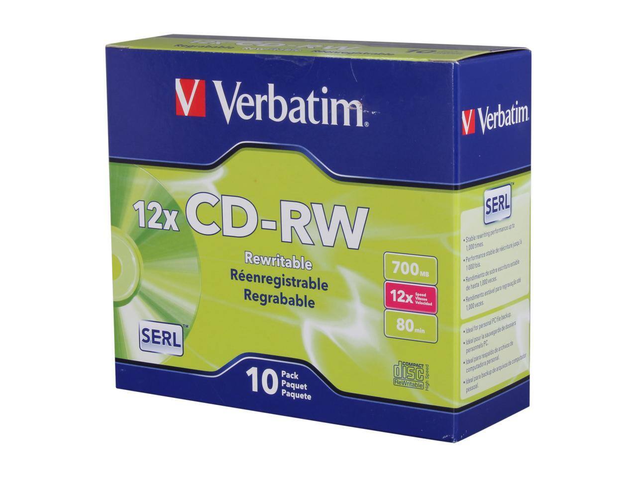Verbatim  
12x CD-RW Rewritable 700 MB  
Renregistrable 12x  
Spoed Regrabable  
SERL  
80 min  
10 Pack  
Paquete  
Paquete