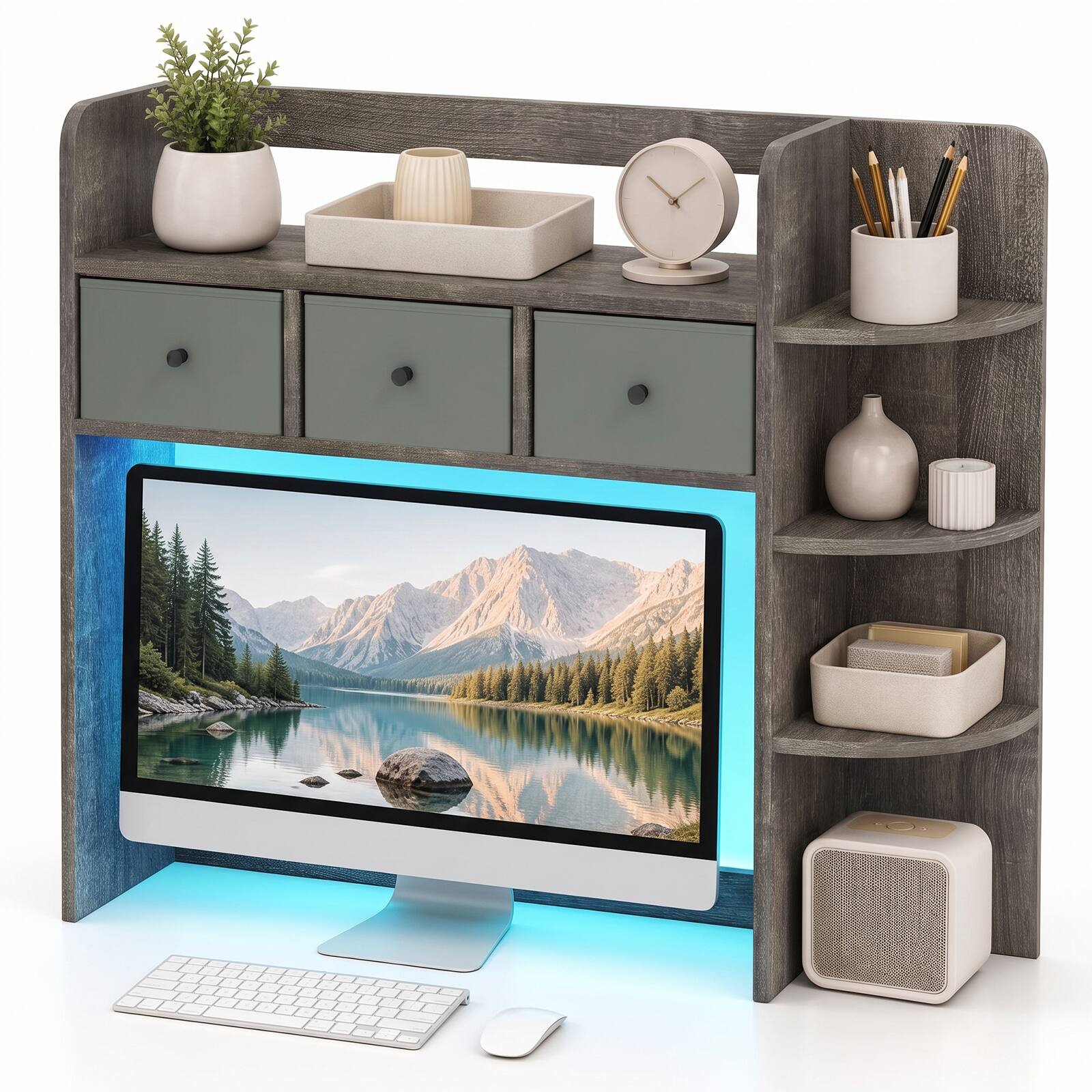Front. Costway - Costway Desktop Bookshelf, Countertop Hutch Organizer with LED Lights, 5-Tier Shelves - Oak Gray.