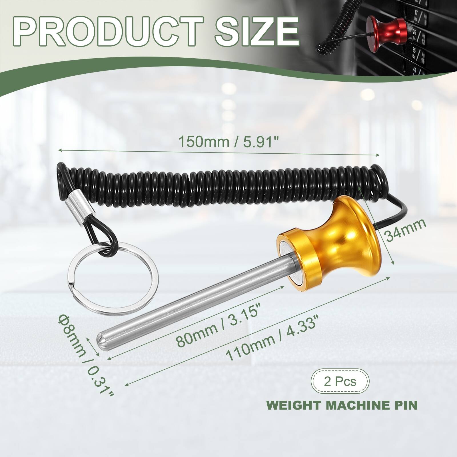 PRODUCT SIZE

150mm / 5.91"  
34mm  
8mm / 0.31"  
8mm / 0.31"  
80mm / 3.15"  
110mm / 4.33"  

2 Pcs  
WEIGHT MACHINE PIN