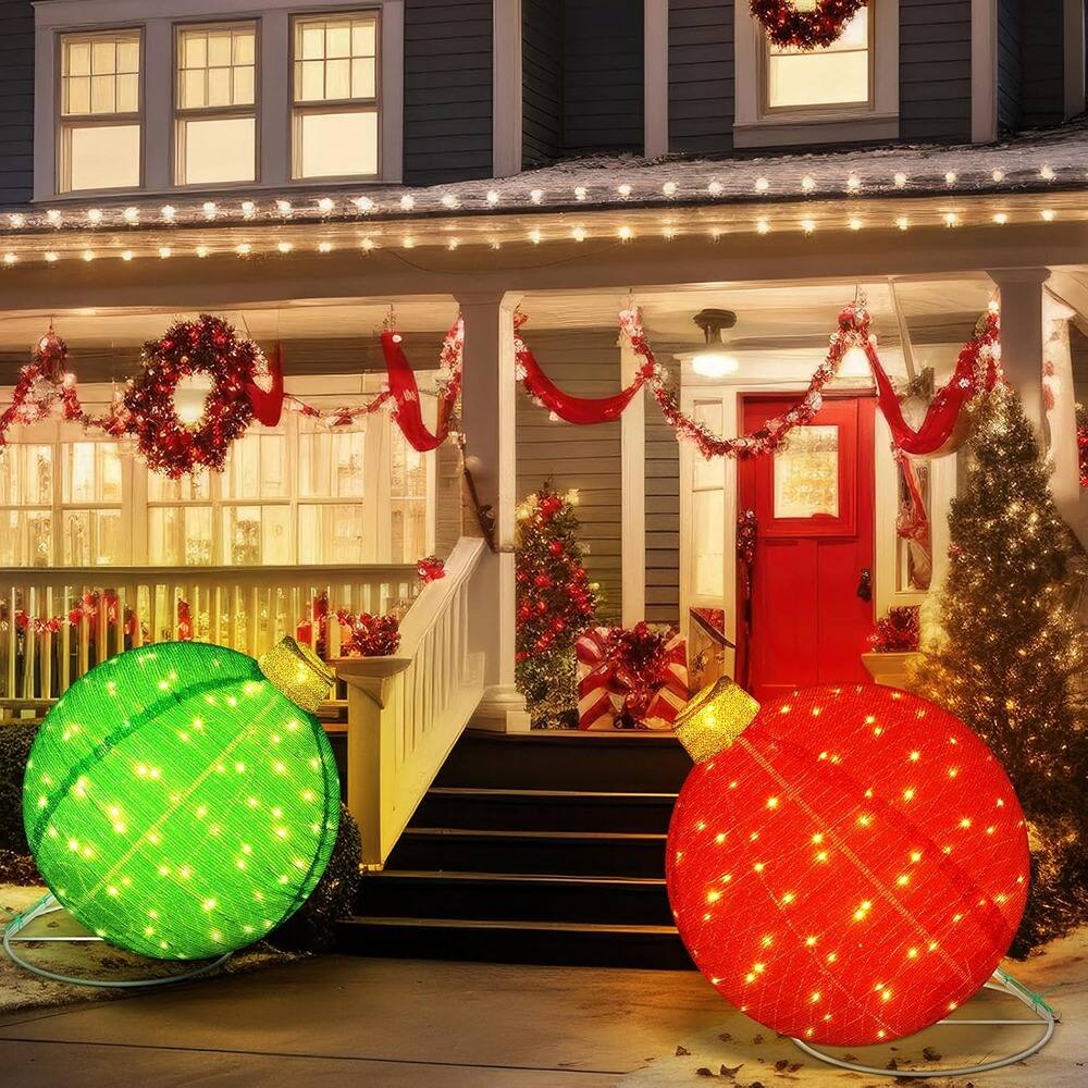 Angle. RTMB - 2-Pack 24" Lighted Pop-Up Outdoor Christmas Balls, 3D Pre-Lit Collapsible Ornaments with 100 LED Lights - Multicolor.