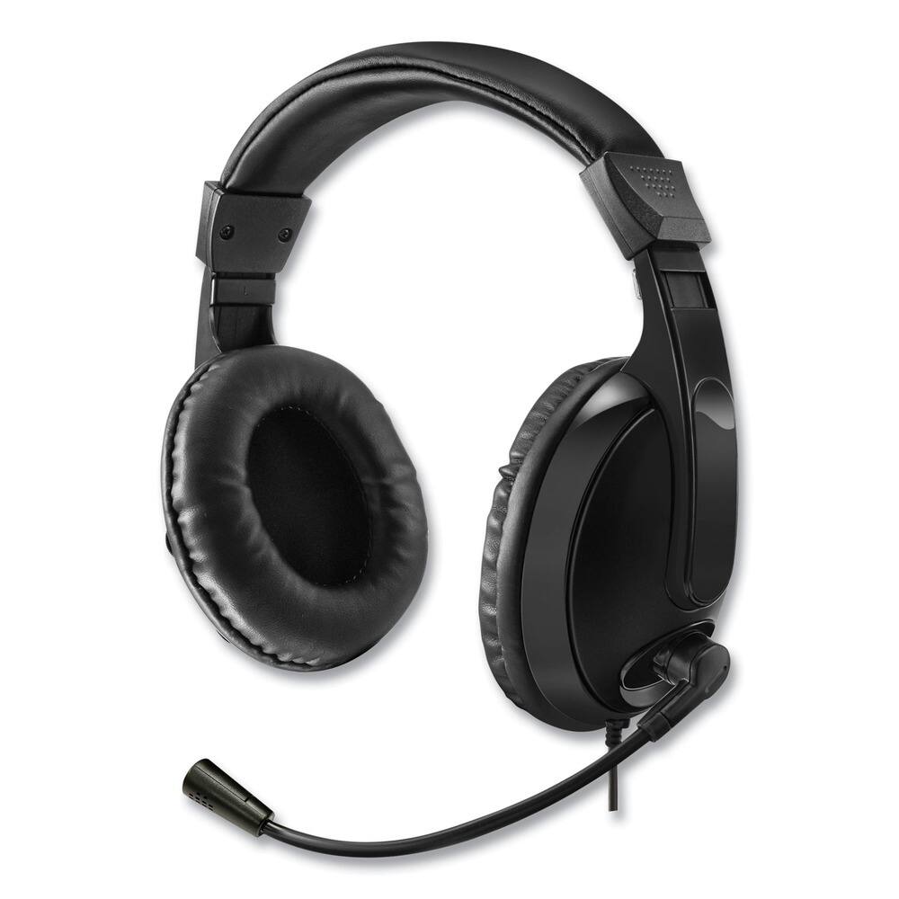 The image shows a pair of black over-ear headphones with a microphone. The headphones have padded ear cups and a headband with a flexible hinge. There is a cable attached to one side.
