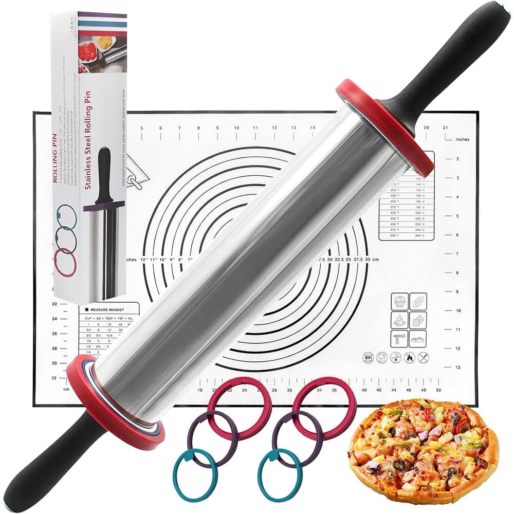 PARKER SLATER - Adjustable Stainless Steel Rolling Pin with Thickness Rings & Black Silicone Mat Set