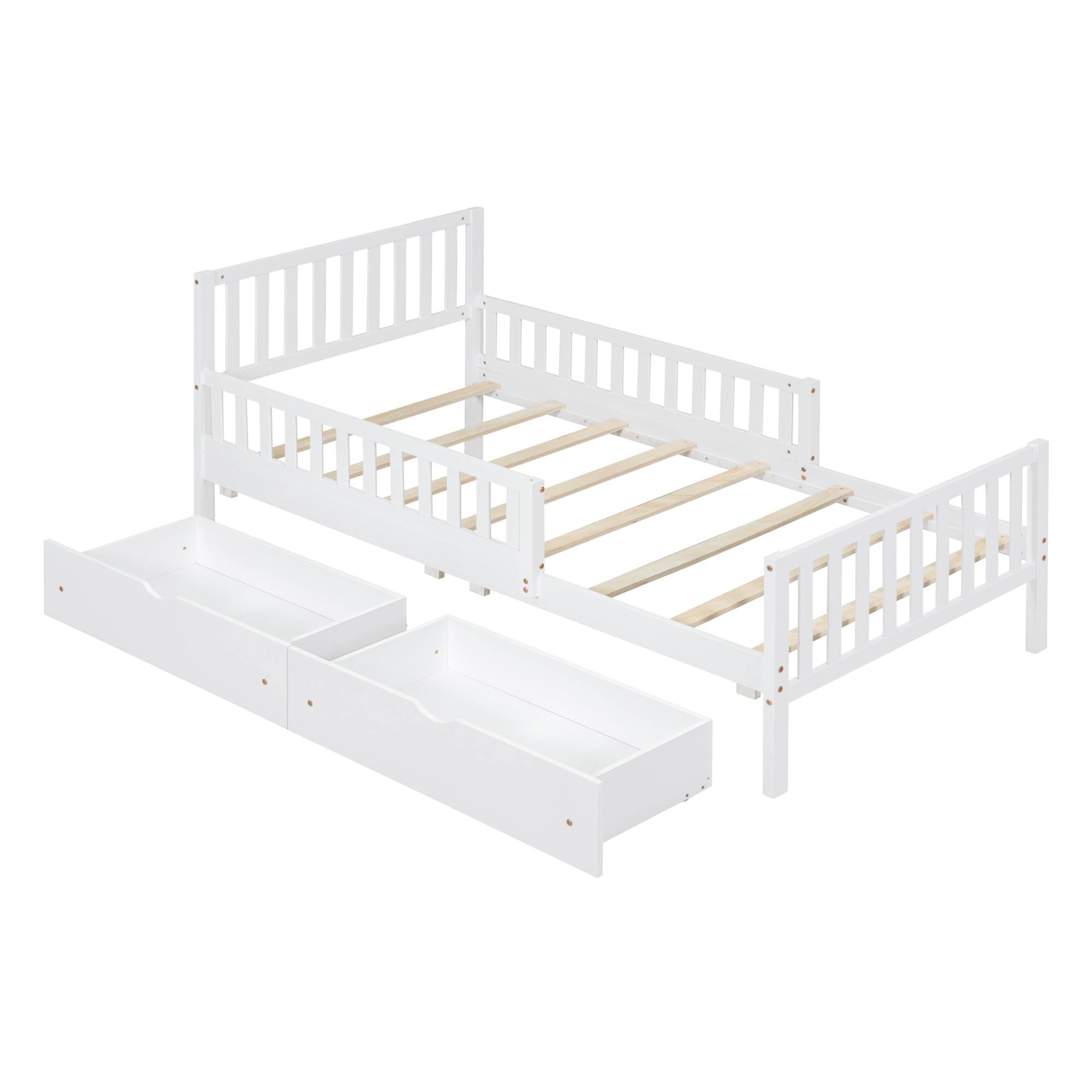 Left. GOODSILO - Twin Size Wood Platform Bed with Dual Guardrails and Underbed Storage Drawers for Enhanced Safety and Organization - White.