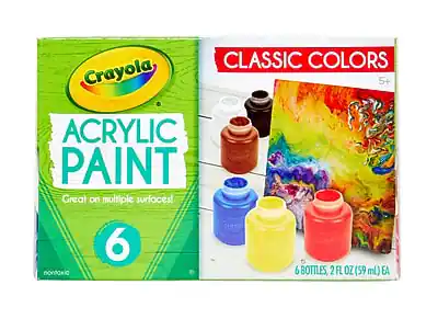 CLASSIC COLORS
Crayola 5+ ACRYLIC PAINT
Great on multiple surfaces!
6 non-toxic BOTTLES 2 FL OZ (59 mL) EA