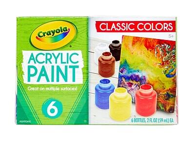CLASSIC COLORS  
Crayola 5+ ACRYLIC PAINT  
Great on multiple surfaces!  
6 non-toxic BOTTLES 2 FL OZ (59 mL) EA