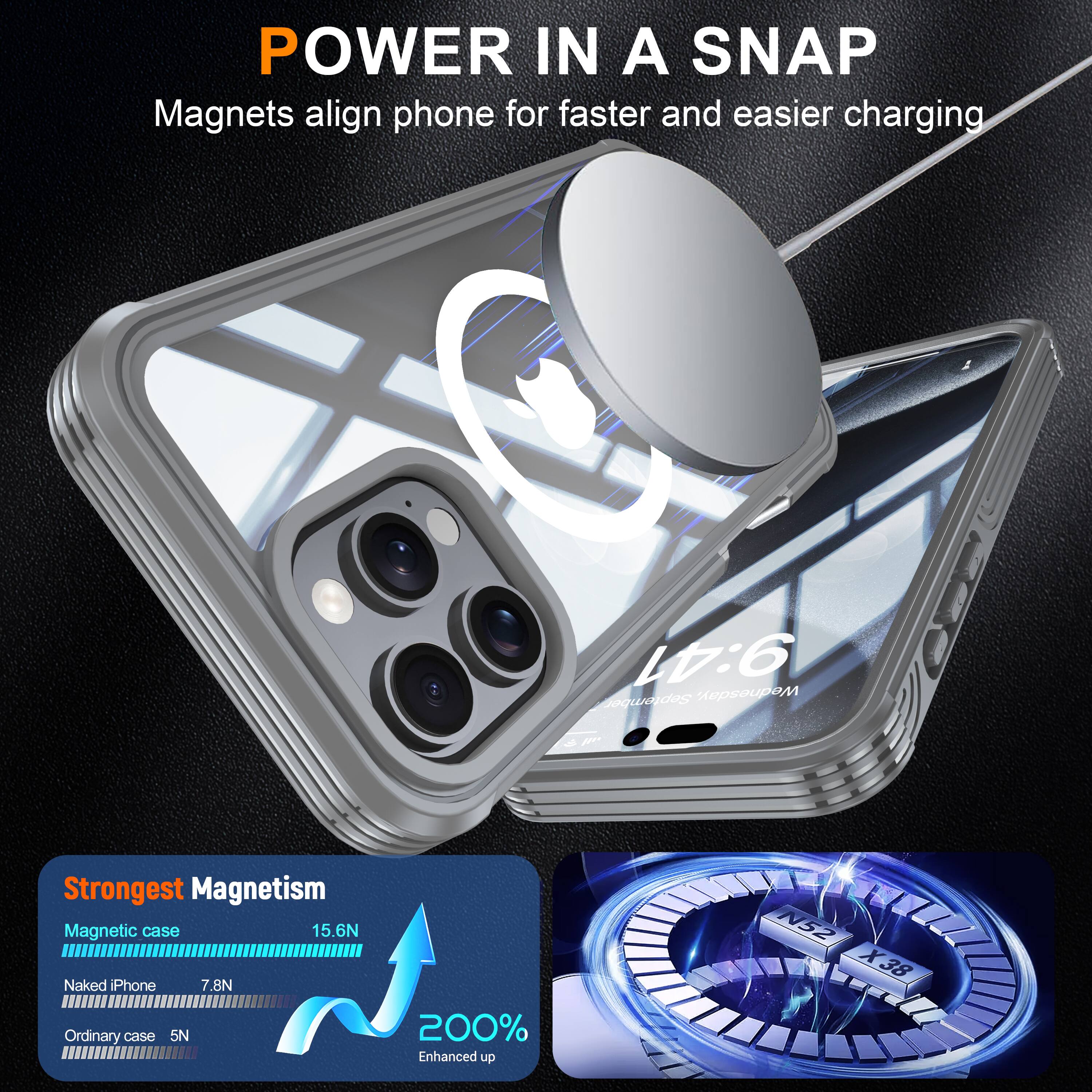 POWER IN A SNAP  
Magnets align phone for faster and easier charging  

9:41  
September Wednesday  

Strongest Magnetism  
Magnetic case 15.6N  
Naked Phone 7.8N  
Ordinary case 5N  

200% Enhanced up  
N52 X38