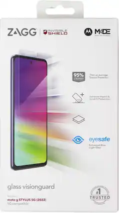 The text on the image is grouped and corrected as follows:
"ZAGG SHIELD Made for Motorola 95% Stronger Than an Average Screen Protector + Extreme Impact & Scratch Protection eyesafe Enhanced Blue Light Filter glass visionguard for/pour: moto g STYLUS 5G (2022) 5G compatible 0 SCREEN PROTECTORS OVER #1 TRUSTED FOLD WORLDWIDE."
