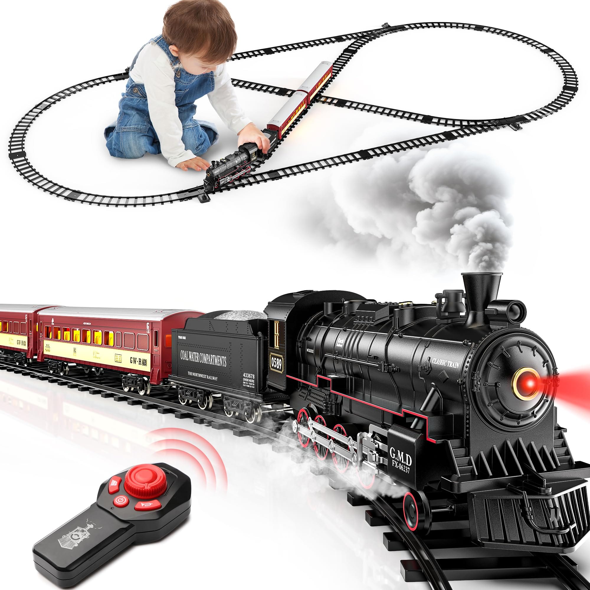 EZTW1 - Set For Alloy Remote Control Sets With Steam Locomotive Light Up Cars And Tracks Electric Trains Toys Christmas - Black