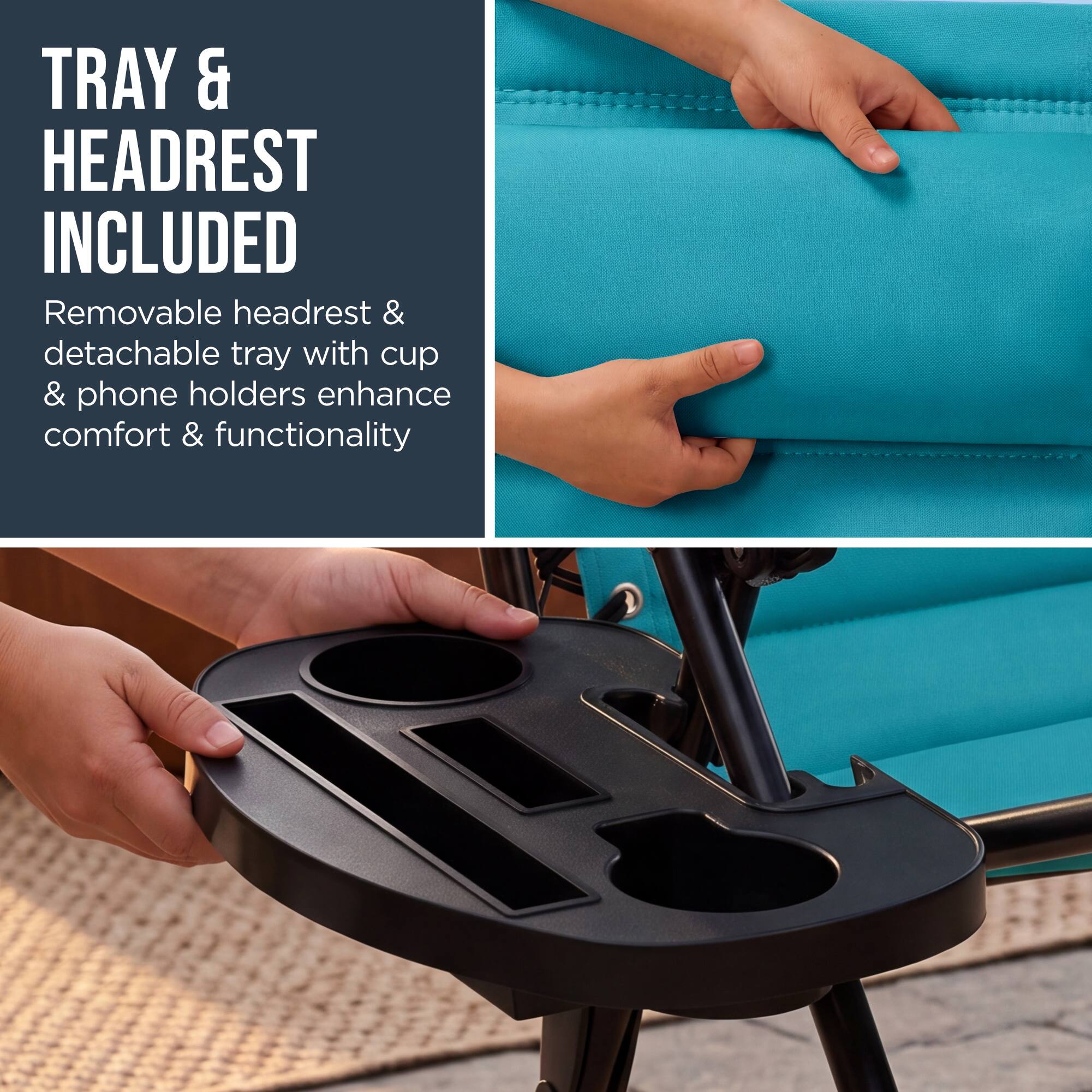 TRAY & HEADREST INCLUDED

Removable headrest & detachable tray with cup & phone holders enhance comfort & functionality