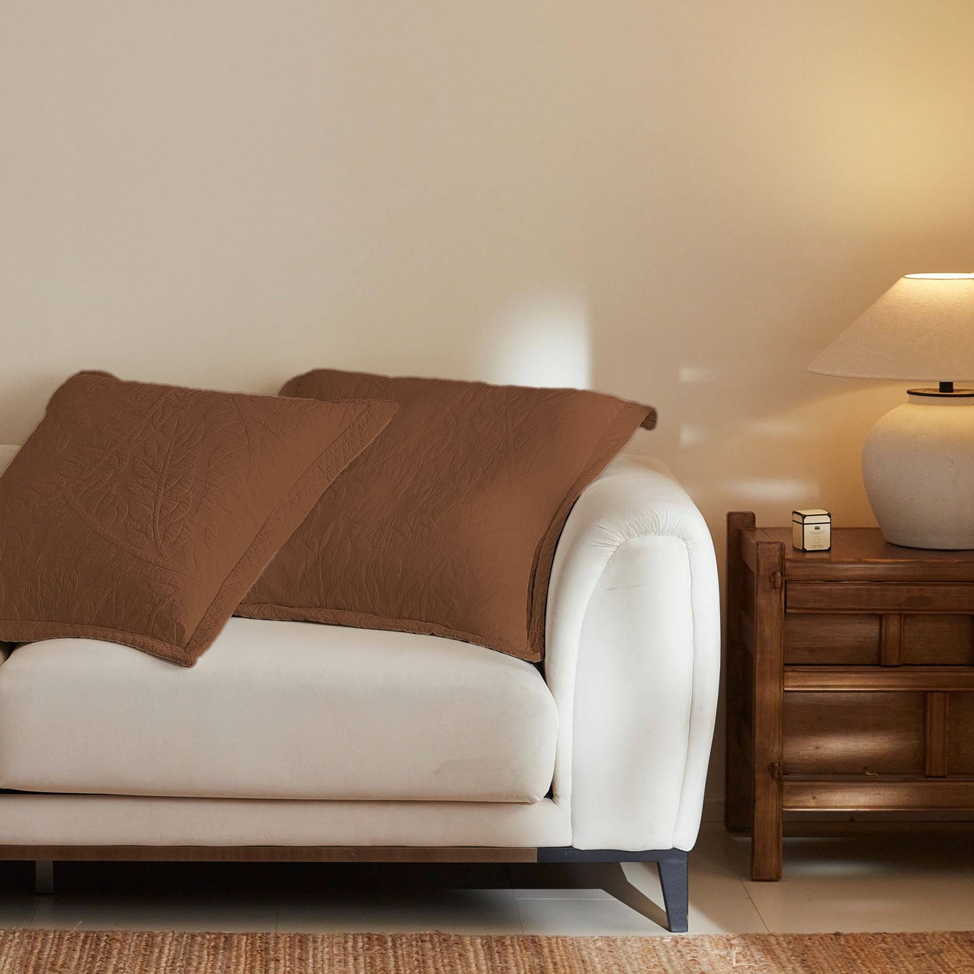 Left. MarCielo - 100% Cotton Embroidered Quilted Pillow Shams Set of 2, 26"x26" Euro Size - Orange.