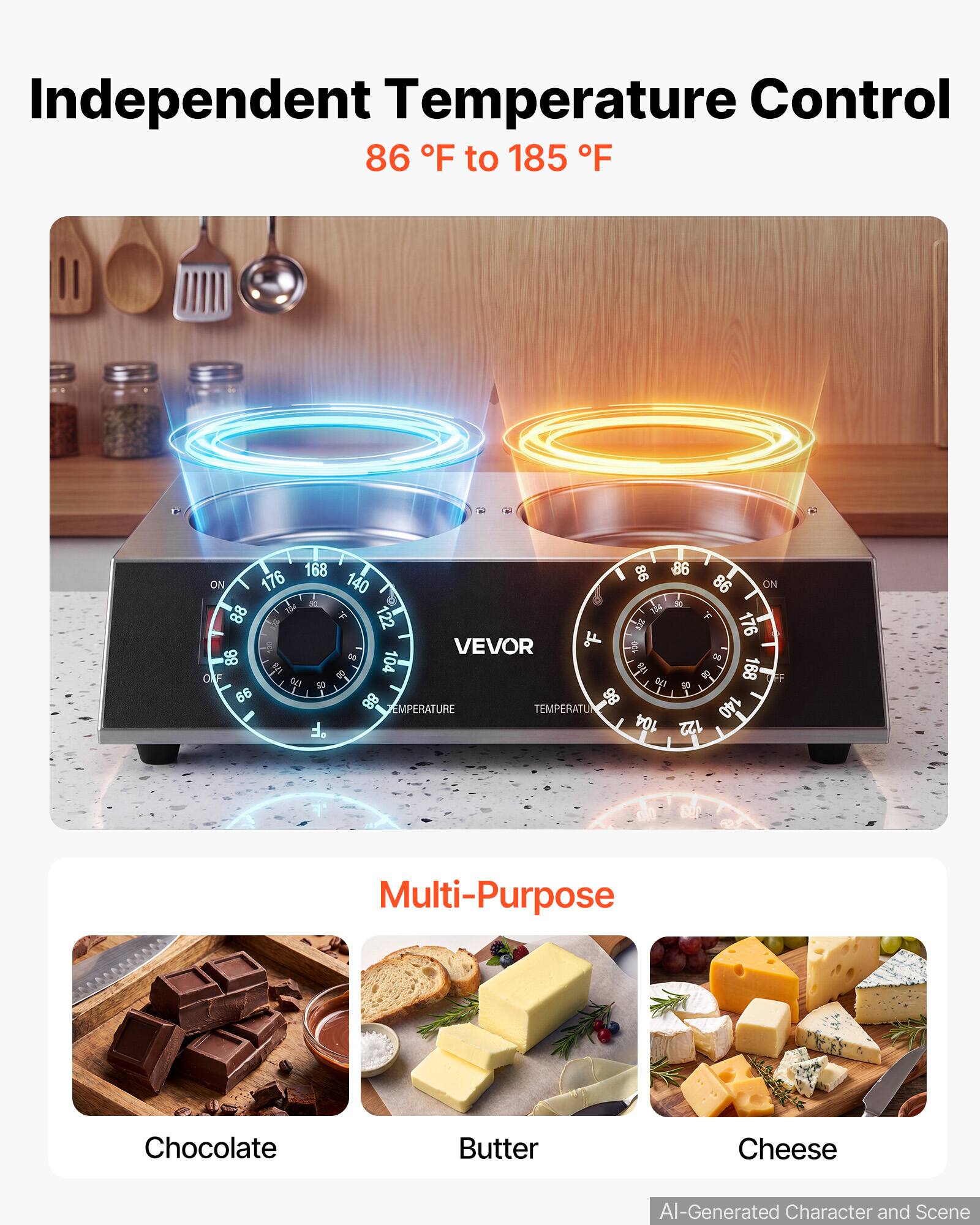 Independent Temperature Control 86 F to 185 F

Multi-Purpose
Chocolate
Butter
Cheese