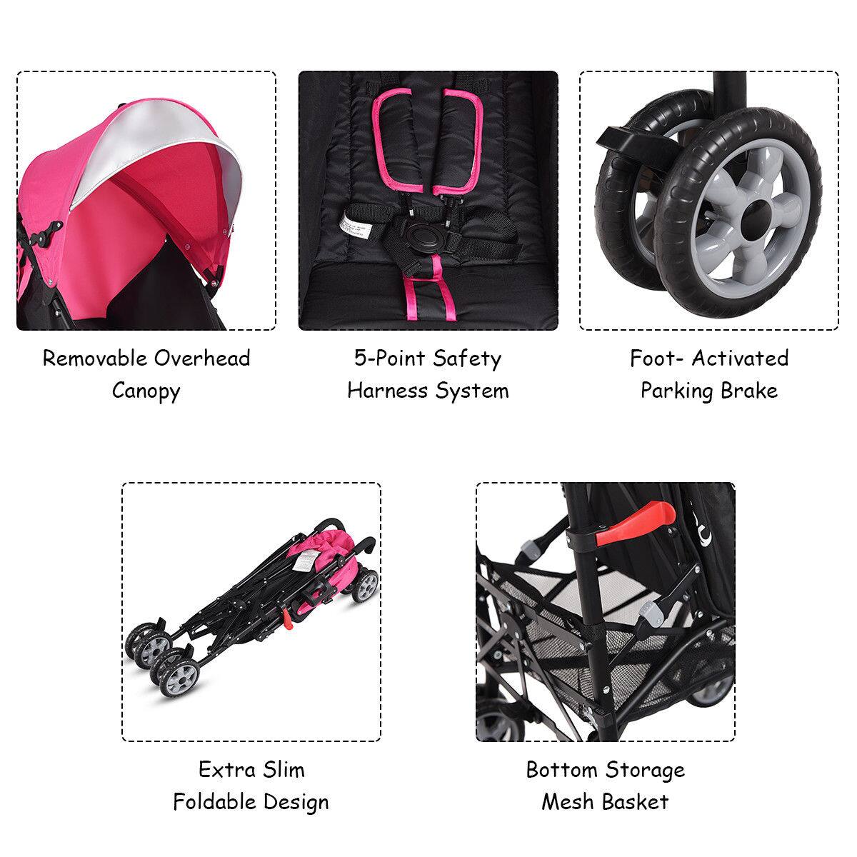 Removable Overhead Canopy, 5-Point Safety Harness System, Foot-Activated Parking Brake, Extra Slim Foldable Design, Bottom Storage Mesh Basket