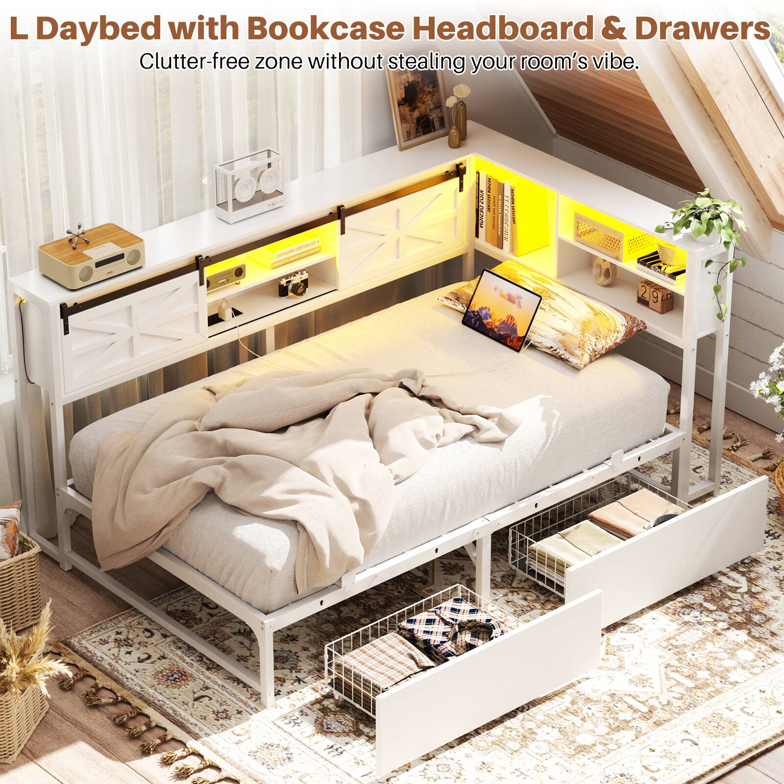 L Daybed with Bookcase Headboard & Drawers  
Clutter-free zone without stealing your room's vibe.