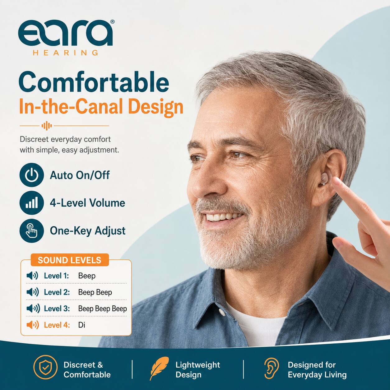 eara HEARING  
Comfortable In-the-Canal Design  
Discreet everyday comfort with simple, easy adjustment.  
Auto On/Off  
4-Level Volume  
One-Key Adjust  

SOUND LEVELS  
Level 1: Beep  
Level 2: Beep Beep  
Level 3: Beep Beep Beep  
Level 4: Di  

Discreet & Comfortable  
Lightweight Design  
Designed for Everyday Living