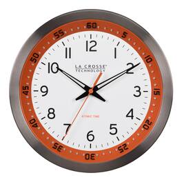 La Crosse Technology - 10 Inch Chapter Ring Stainless Steel Atomic Analog Wall Clock - Black/Orange