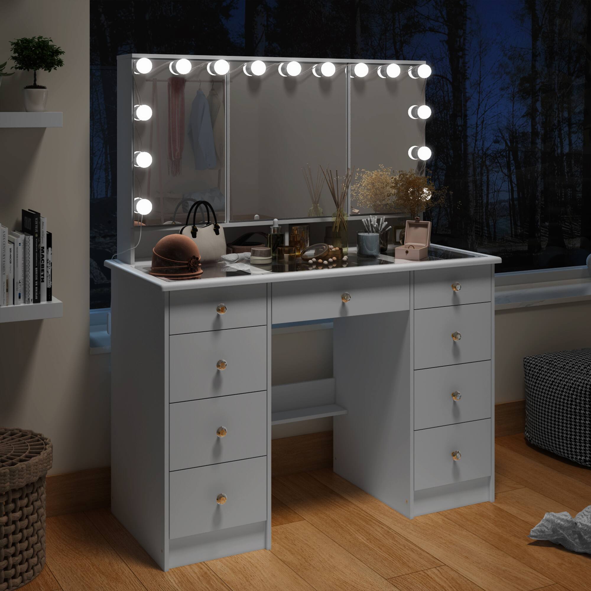 Alt View 9. Famapy - Hollywood Tri-Mirror Vanity with Glass Top & Sphere Lights Remote 3-Color Dimmable Lighting Display Cabinet - White.