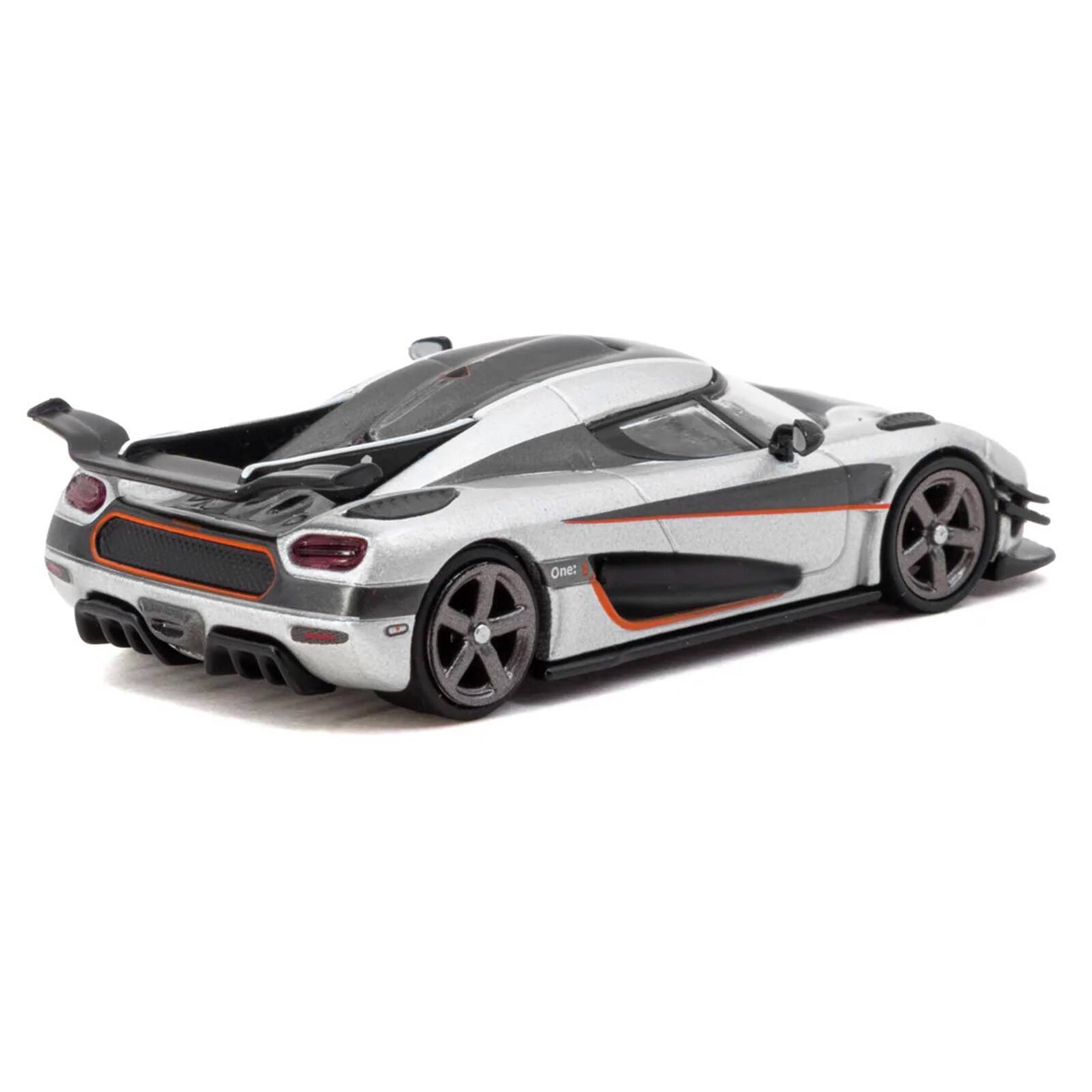 Alt View 2. Tarmac Works - Koenigsegg One:1 Silver Metallic with Black Stripes "Global64" Series 1/64 Diecast Model Car by Tarmac Works.