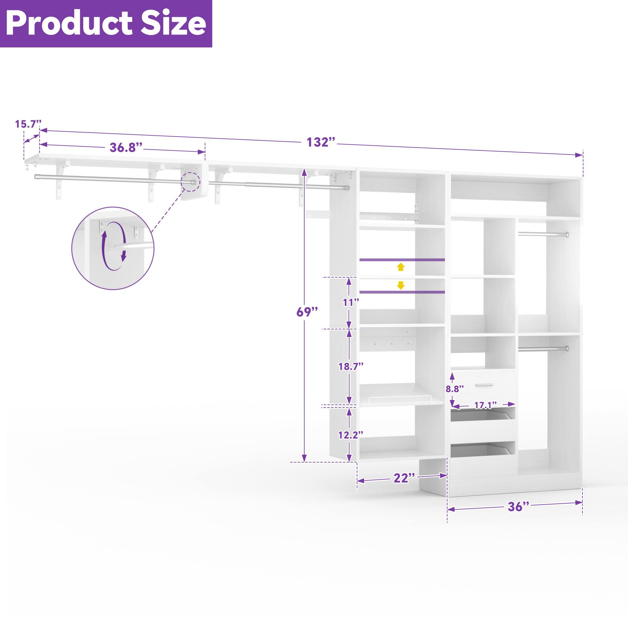 Product Size

- 15.7"
- 36.8"
- 132"
- 69"
- 11"
- 18.7"
- 8.8"
- 17.1"
- 12.2"
- 22"
- 36"