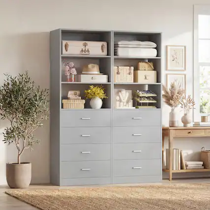 Front. Aheaplus - 42.6'' Closet Organizer System 2 Piece Set, Closet Storage Unit with 8 Drawers and 4 Shelves - Gray.