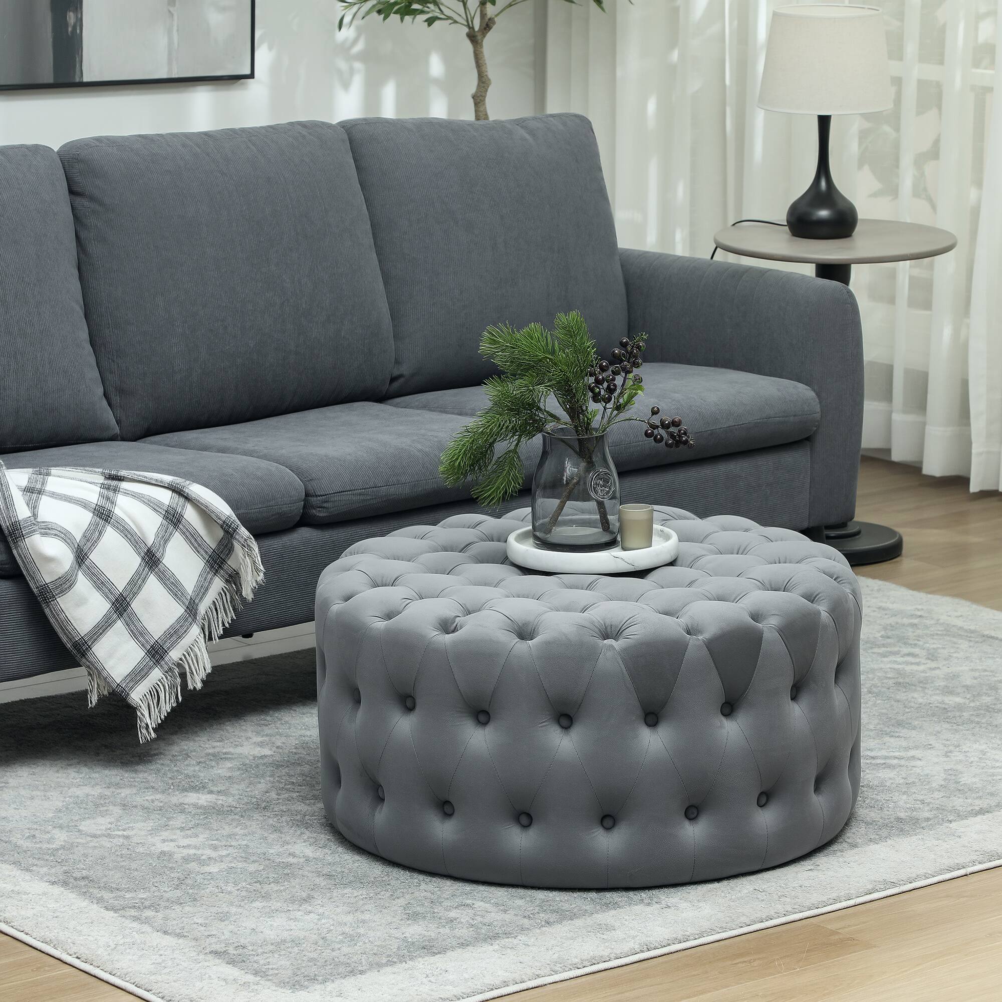 Alt View 2. Homcom - 31.5" Round Ottoman, Large Velvet-Feel Upholstered Foot Stool with Button Tufted Design and Padded Seat for Living Room - Dark Grey.