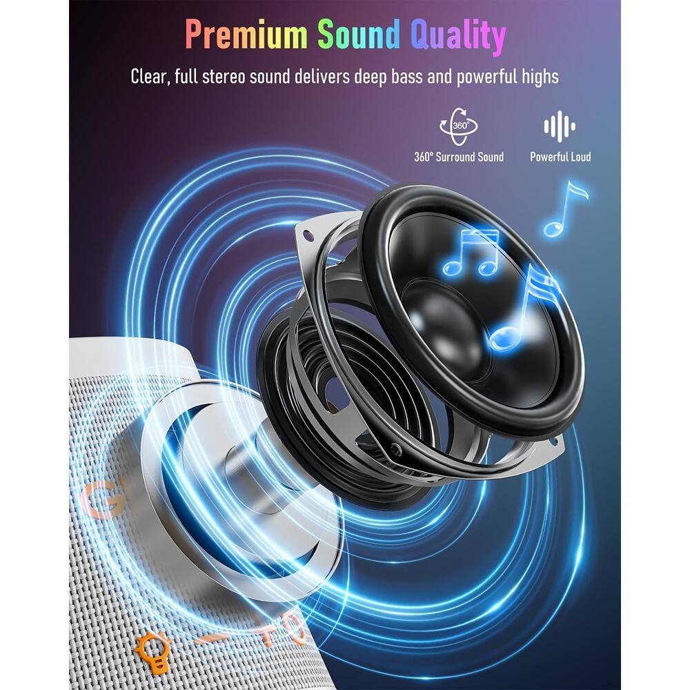 Premium Sound Quality  
Clear, full stereo sound delivers deep bass and powerful highs  

360° Surround Sound  
Powerful Loud