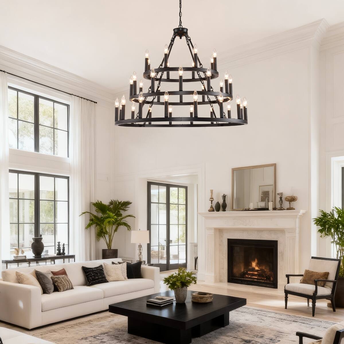 Alt View 7. Loheer - Loheer Three Tier Farmhouse Chandelier, Black Metal Wagon Wheel Design for High Ceilings.