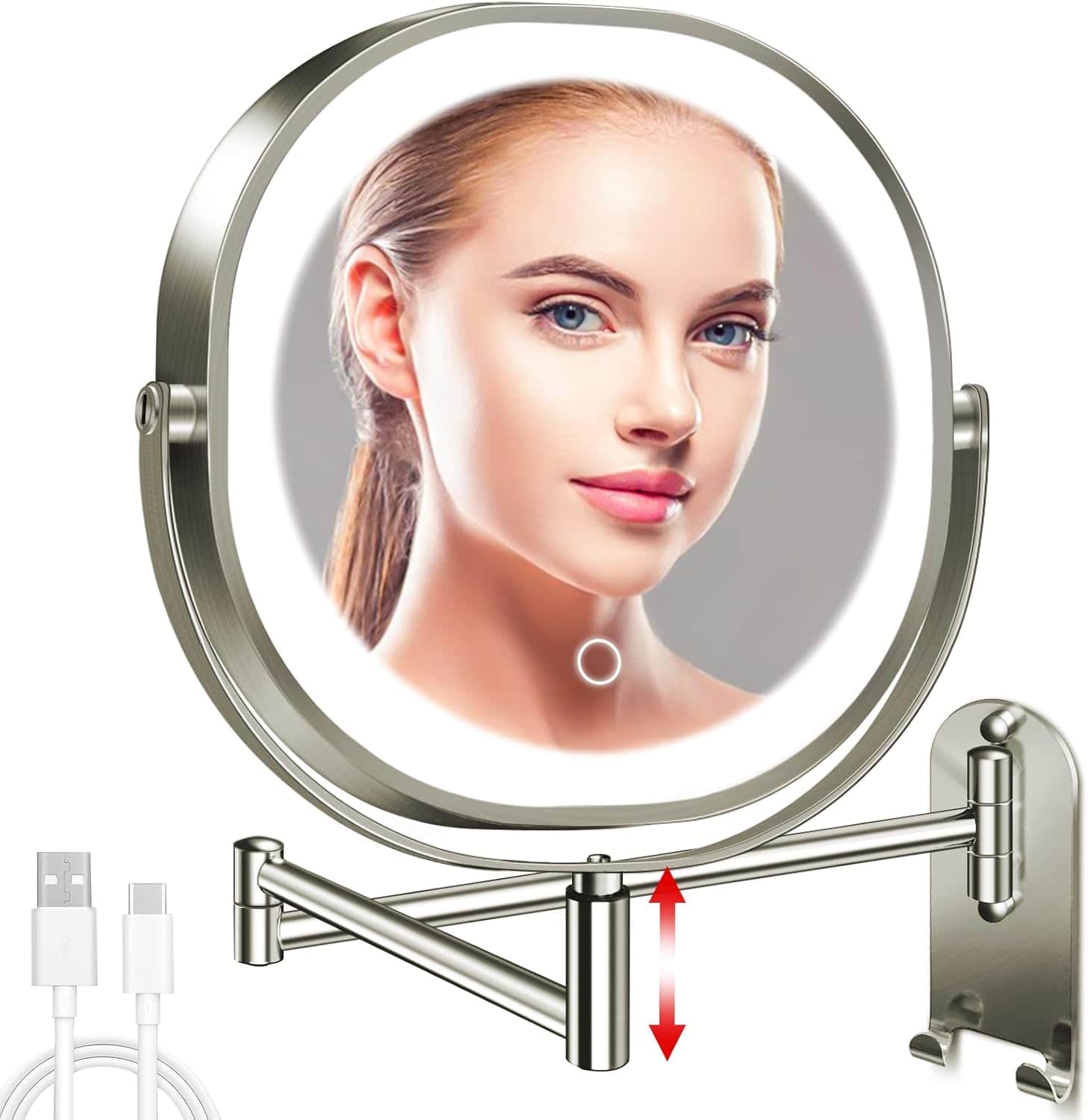 Stamp n Camp - 9" Wall Mounted Lighted Makeup Mirror, 3000mAh Rechargeable Double Sided 1X/10X Magnifying Mirror with Hook, 3 Color - length 29 X width 24