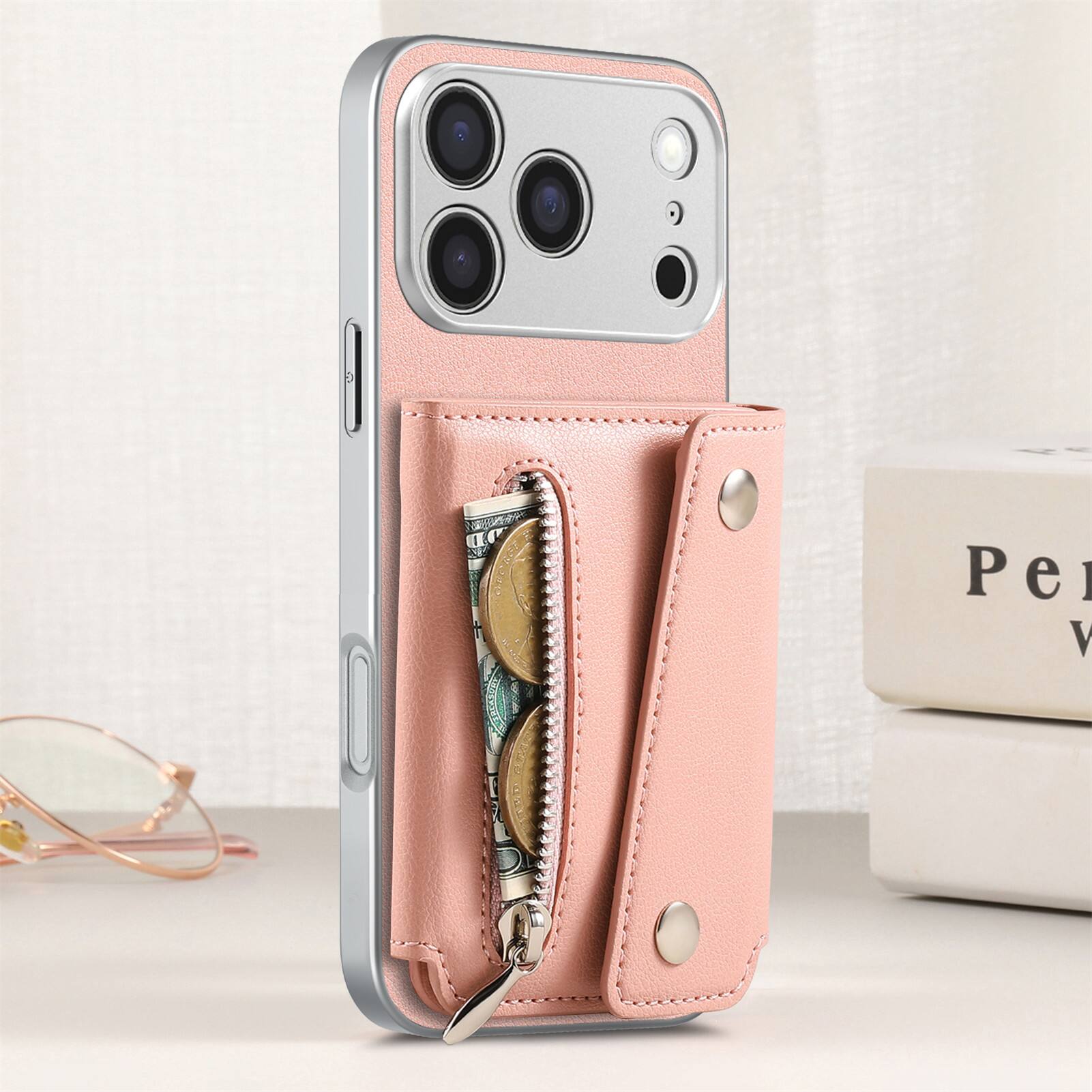 Back. Dteck - PU Leather Wallet Case for Apple iPhone 17 Pro Max, Shockproof Kickstand Phone Cover with Card Slots and Zipper Pocket - Pink.