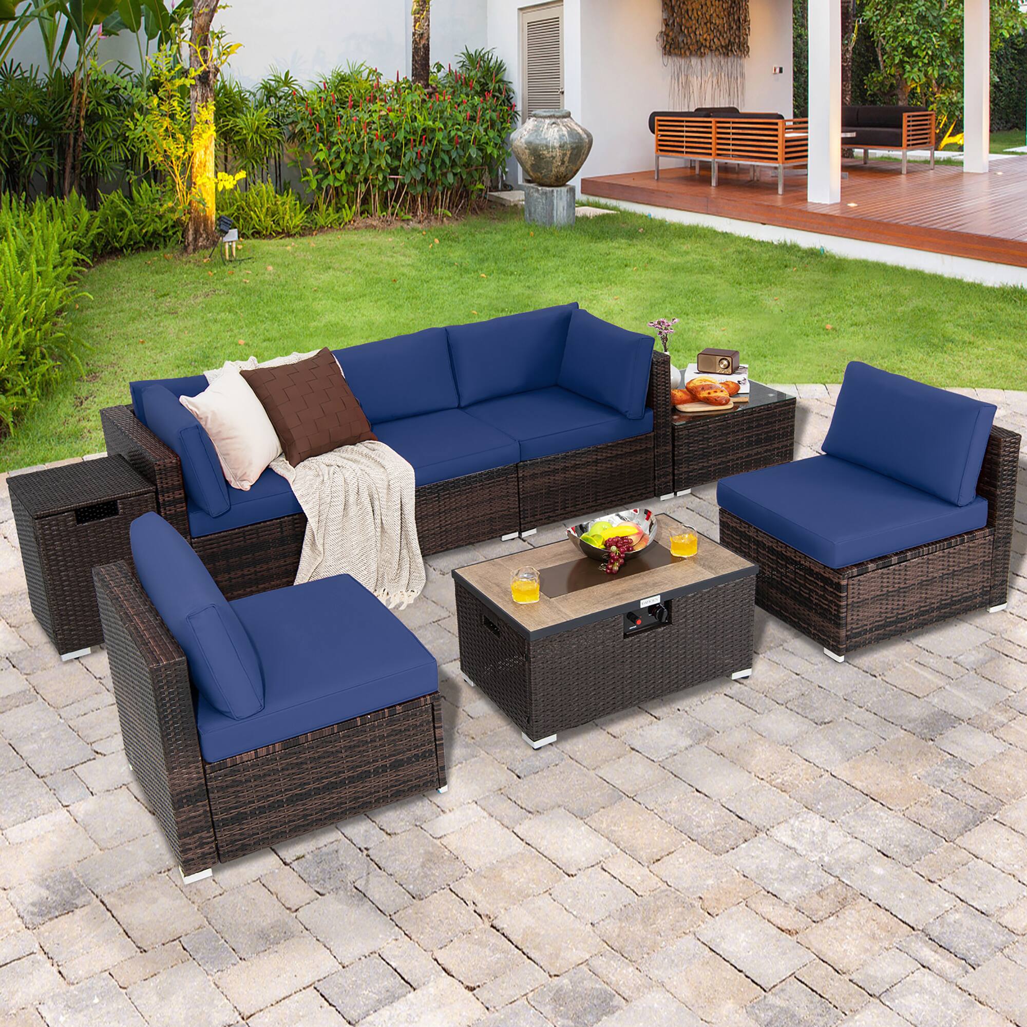 Alt View 2. Costway - Costway 8PCS Patio Rattan Furniture Set Fire Pit Table Tank Holder Cover Deck - Mix Brown,Navy.