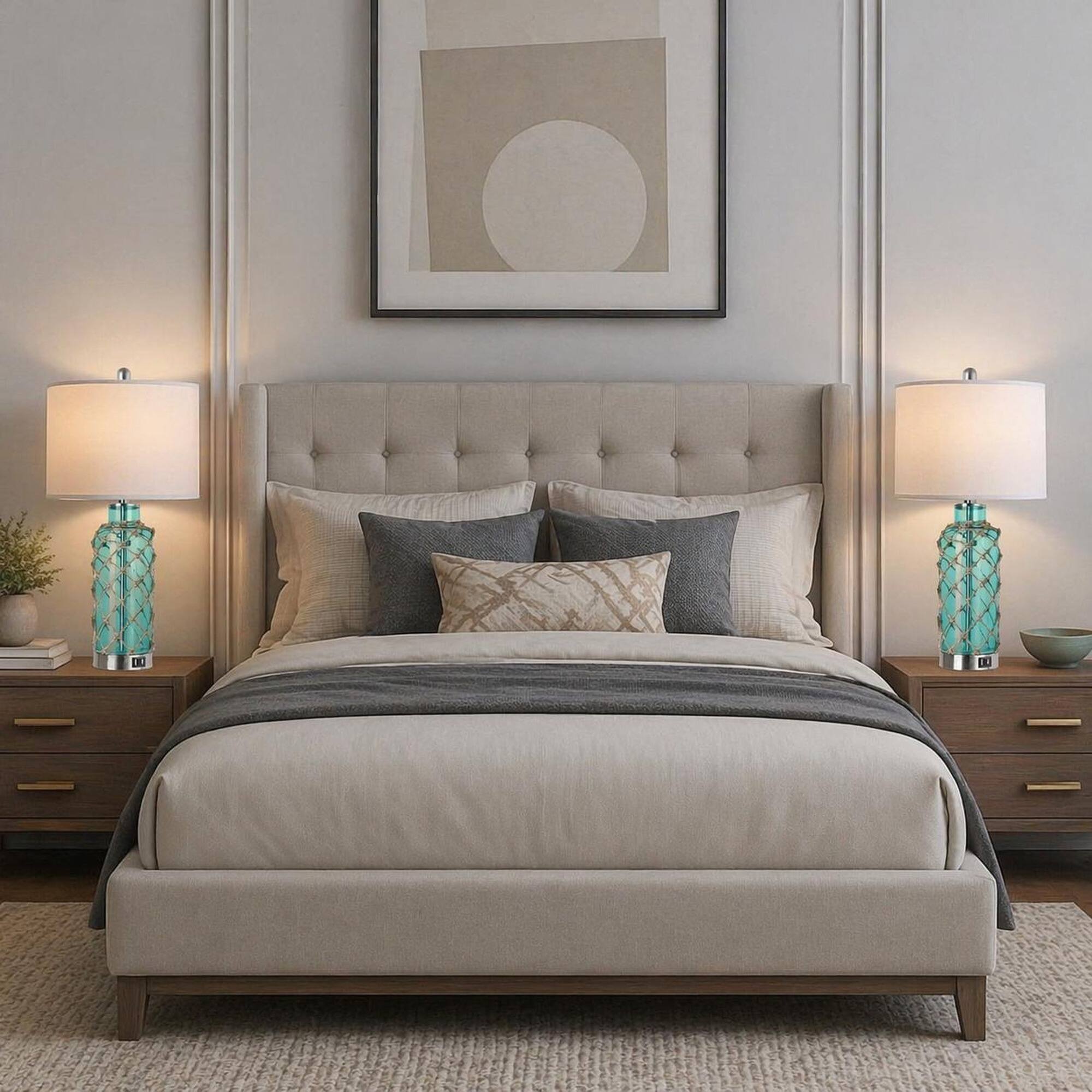 Back. RYHNUYNE - Set of 2 Coastal Touch Table Lamps with Blue-Green Glass Bases, Rope Accents, 3-Way Dimming, Dual USB Charging Ports - Green.