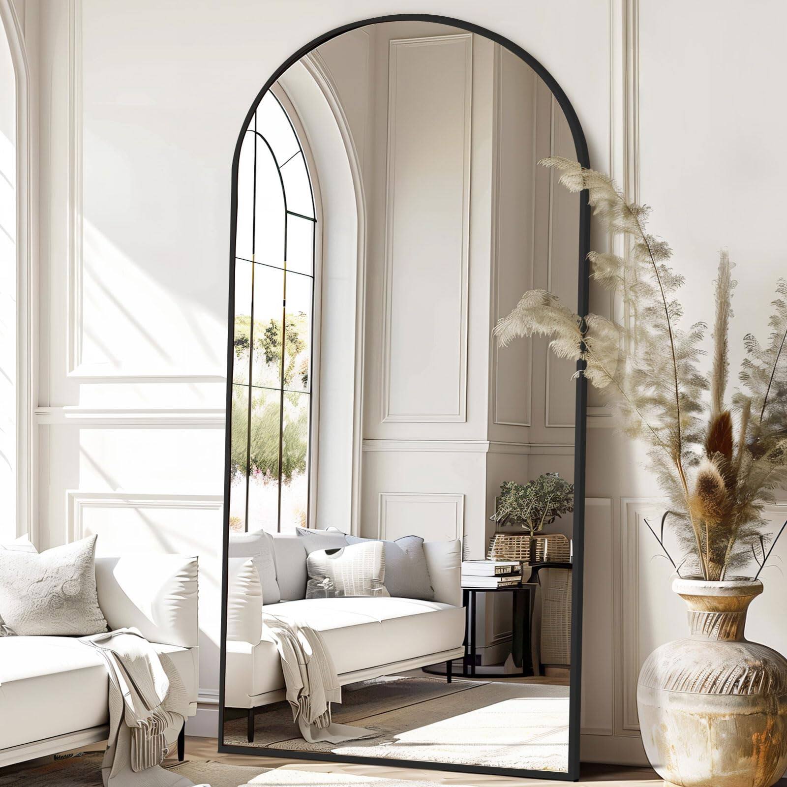 Front. Hanke - Large Arched Floor Mirror Full Length With Stand Hanging Or Leaning Standing For Bedroom Living Room Body - Black-arch 76"L x 34"W.